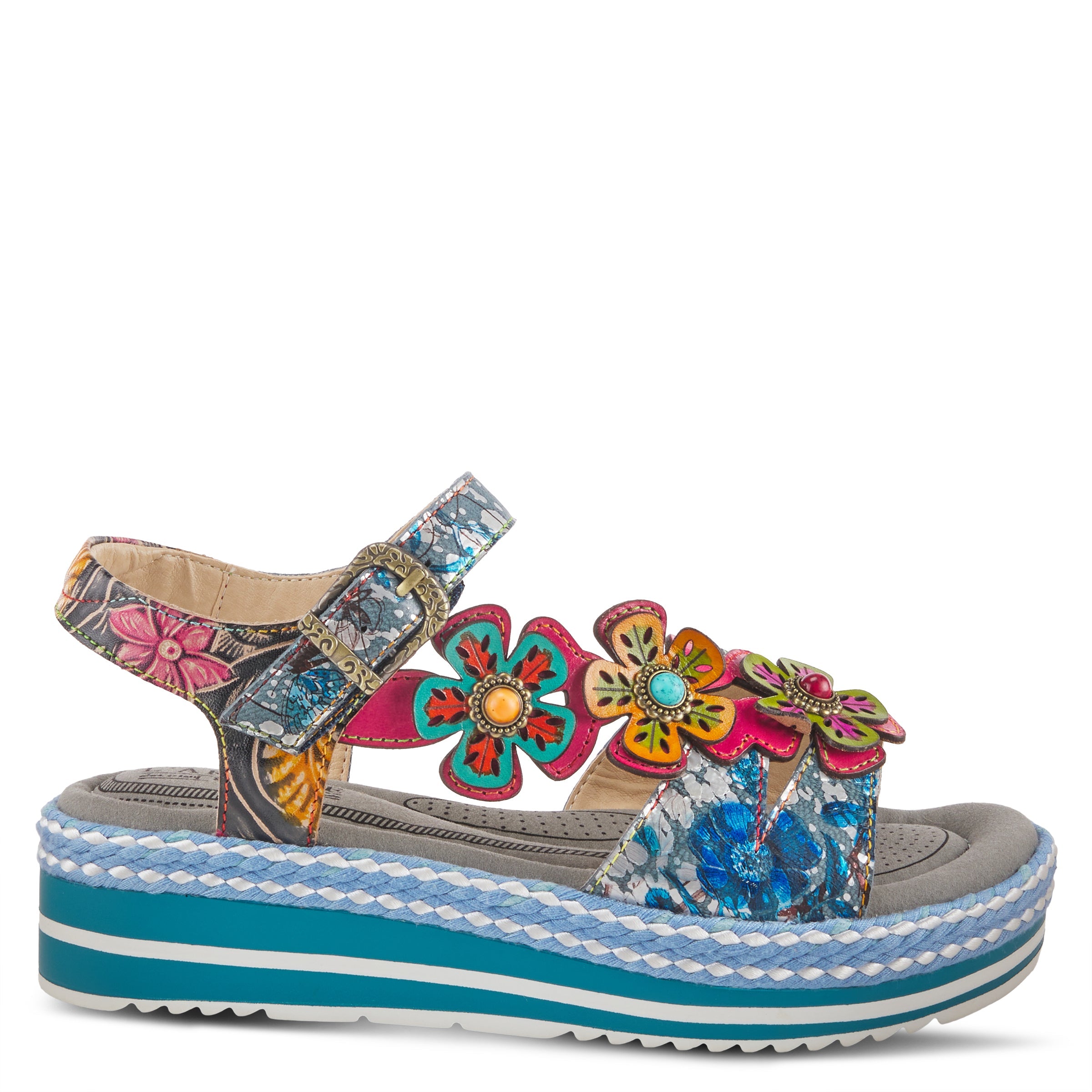 L'Artiste L'ARTISTE RHODYS ANKLE STRAP SANDALS sandal in blue multi with handcrafted leather design