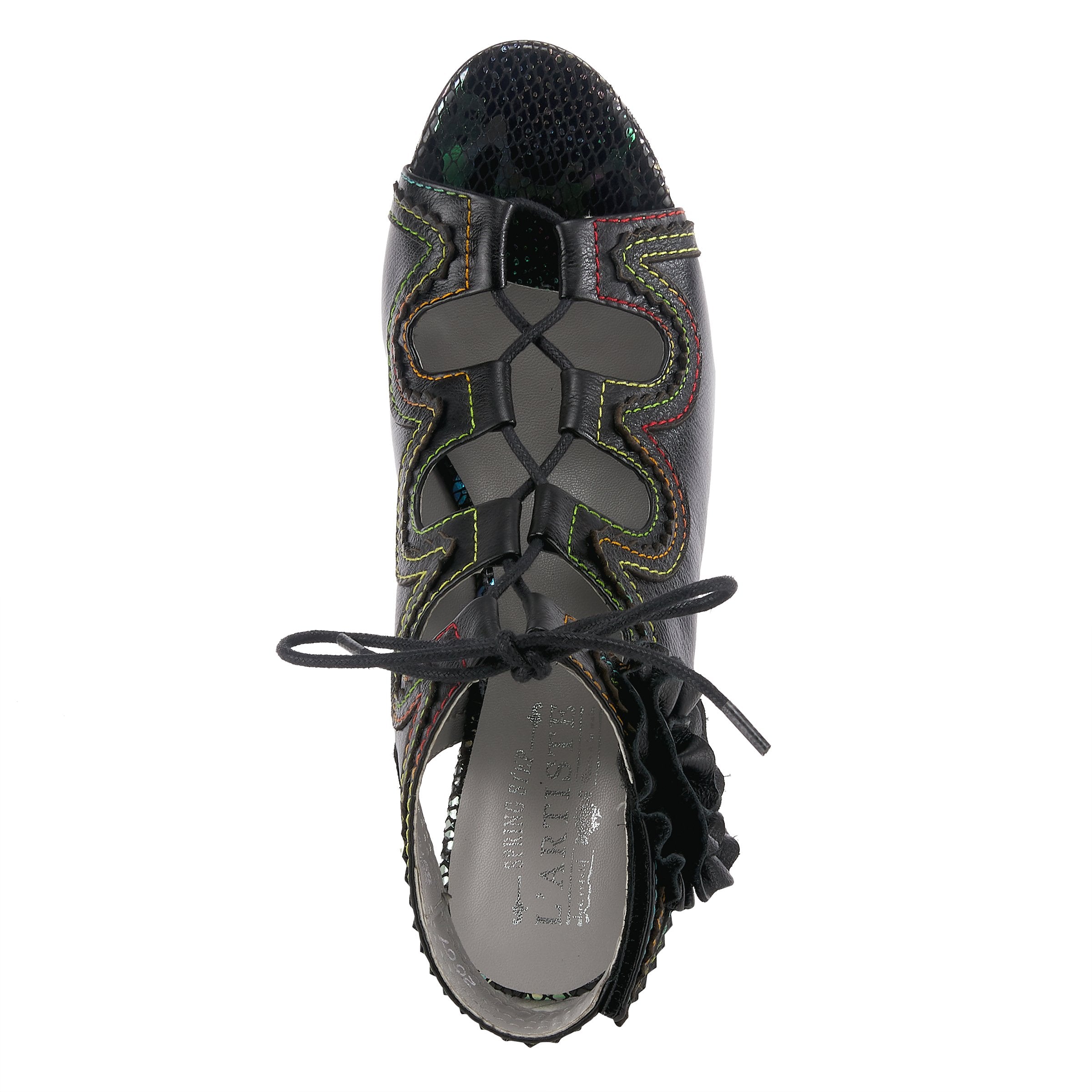 L'Artiste L'ARTISTE SUPERCUTE ANKLE STRAP SANDAL sandal in black with handcrafted leather design