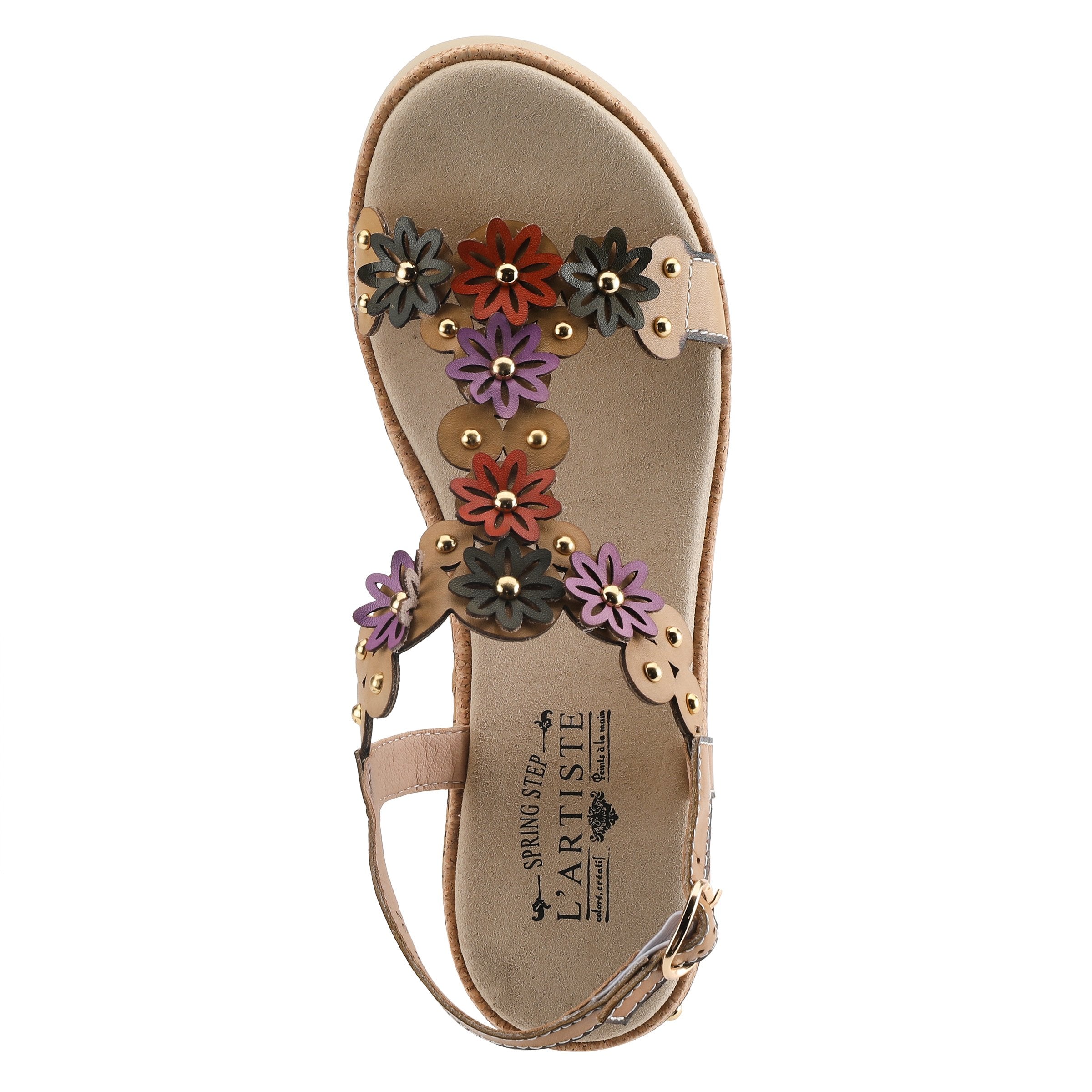 L'Artiste L'ARTISTE WELLESTA T-STRAP SANDAL sandal in beige multi with handcrafted leather design