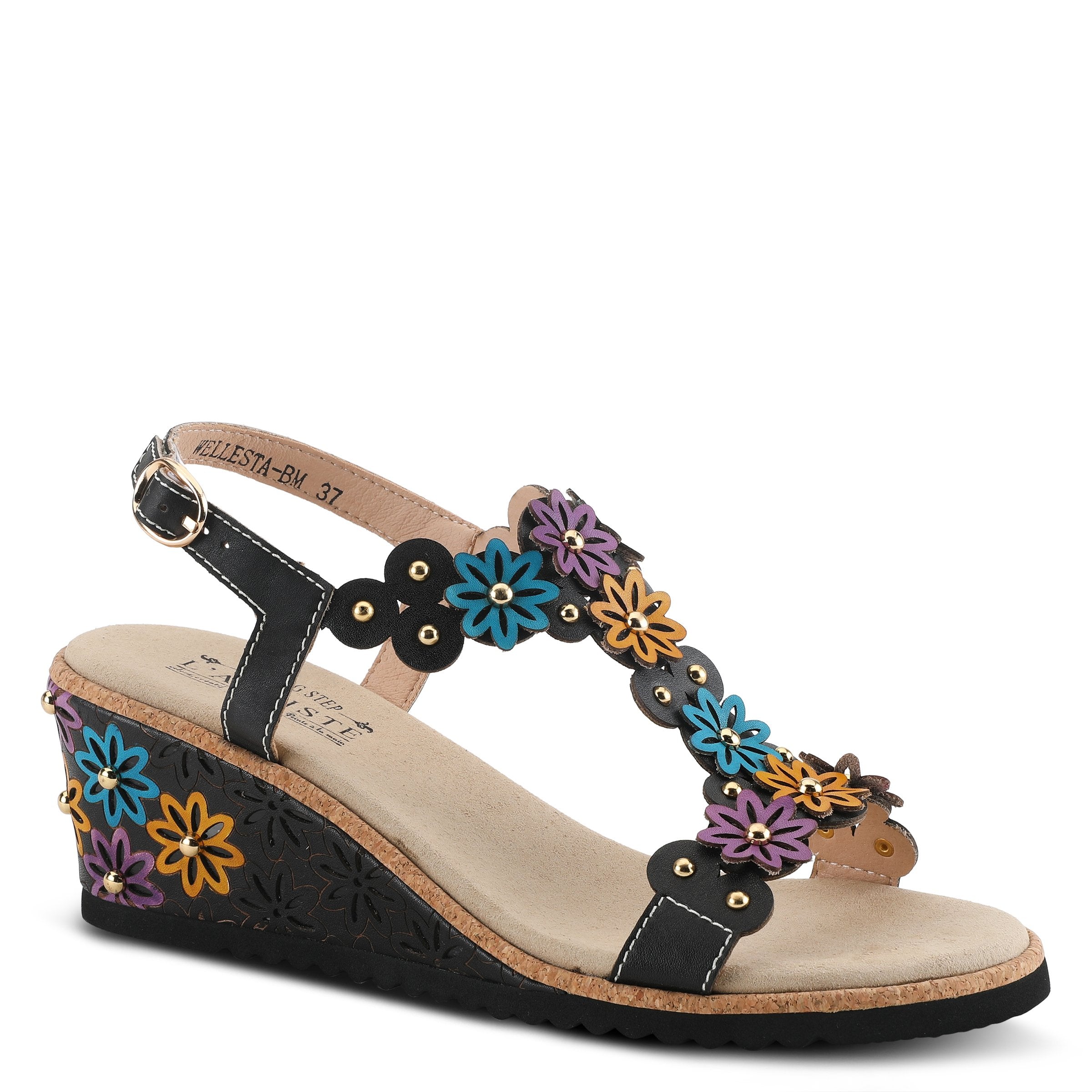 L'Artiste L'ARTISTE WELLESTA T-STRAP SANDAL sandal in black multi with handcrafted leather design