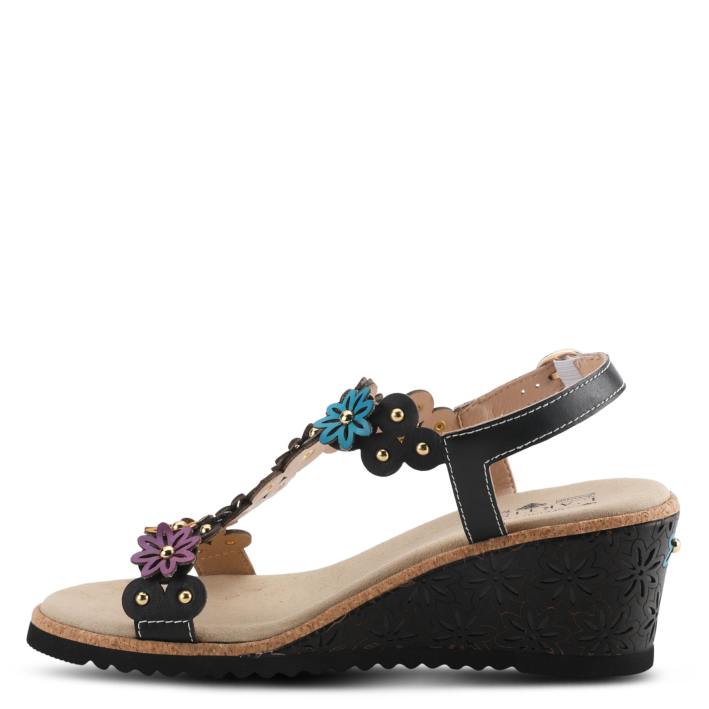 L'Artiste L'ARTISTE WELLESTA T-STRAP SANDAL sandal in black multi with handcrafted leather design