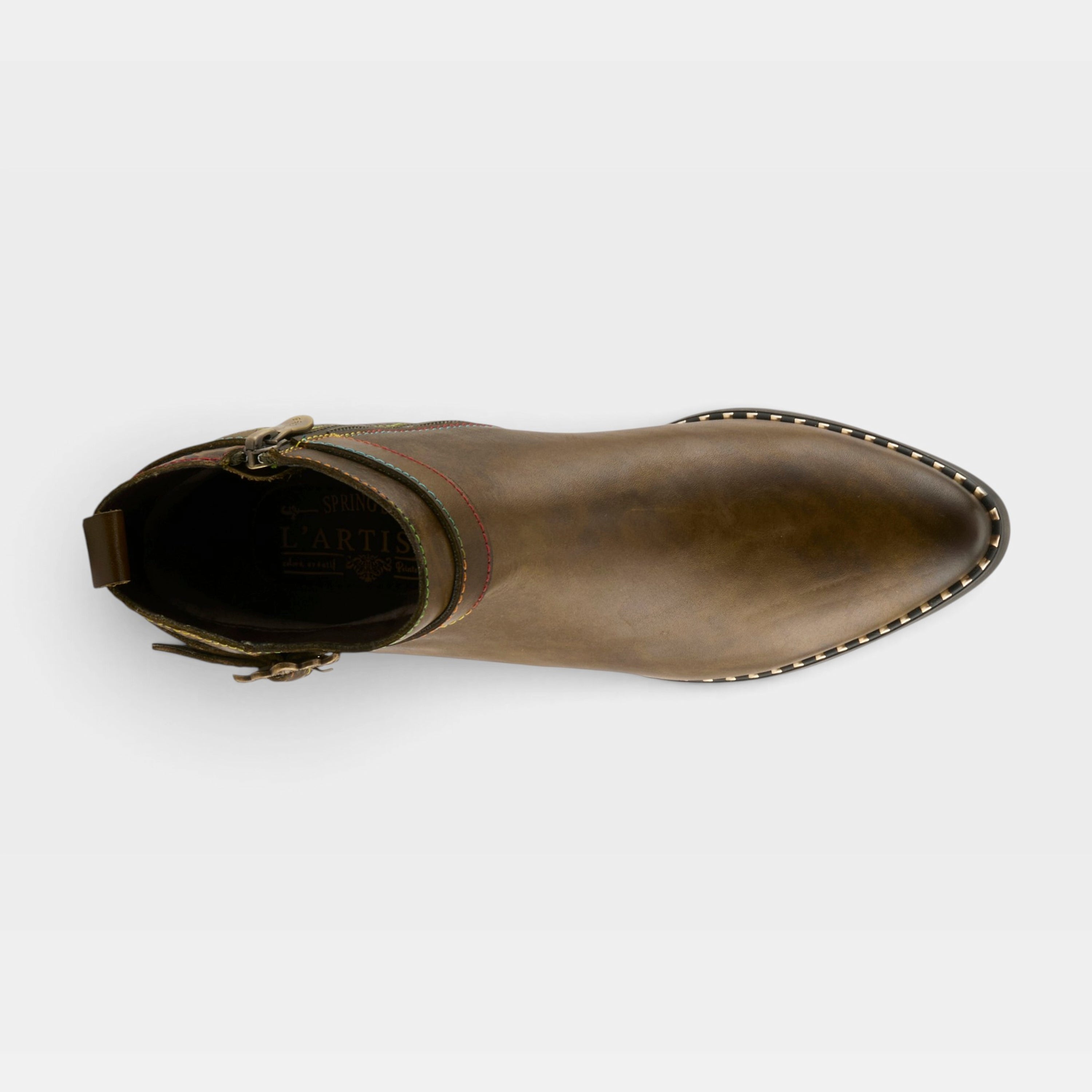 L'Artiste Acree boots in Olive Green, top view
