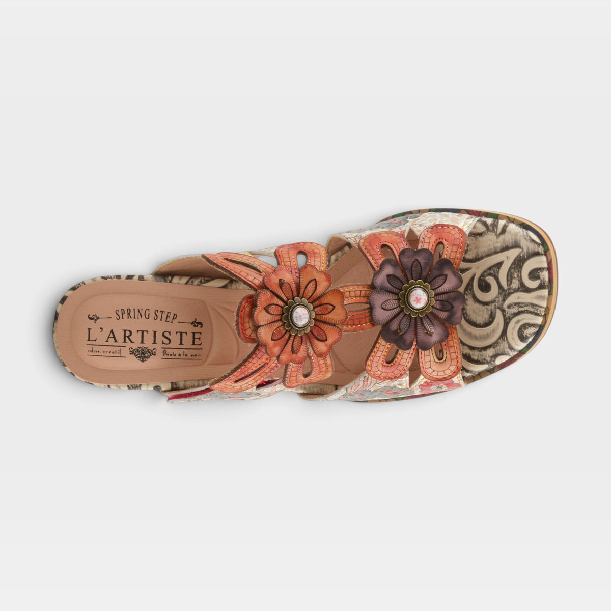 L'Artiste Alania sandals in Orange Multi, top view