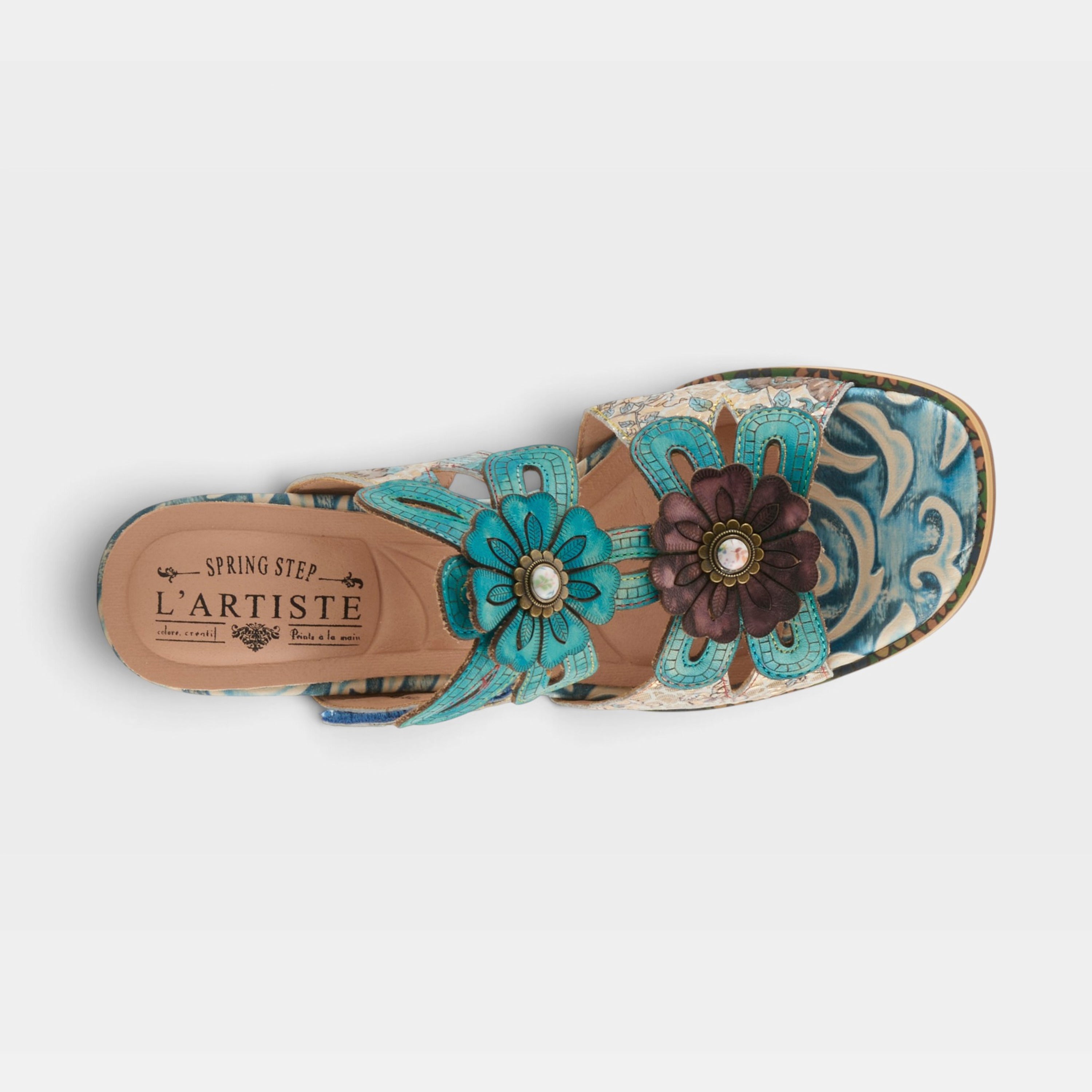 L'Artiste Alania sandals in Turquoise Multi, top view