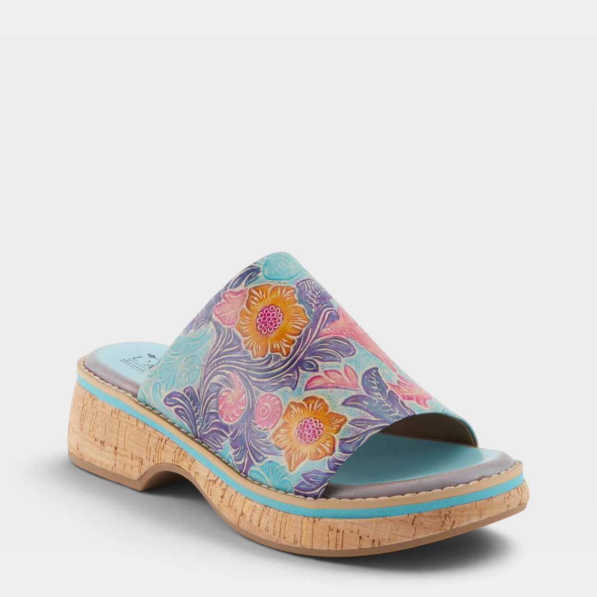 L'Artiste Aldina sandals in Sky Blue Multi, front view