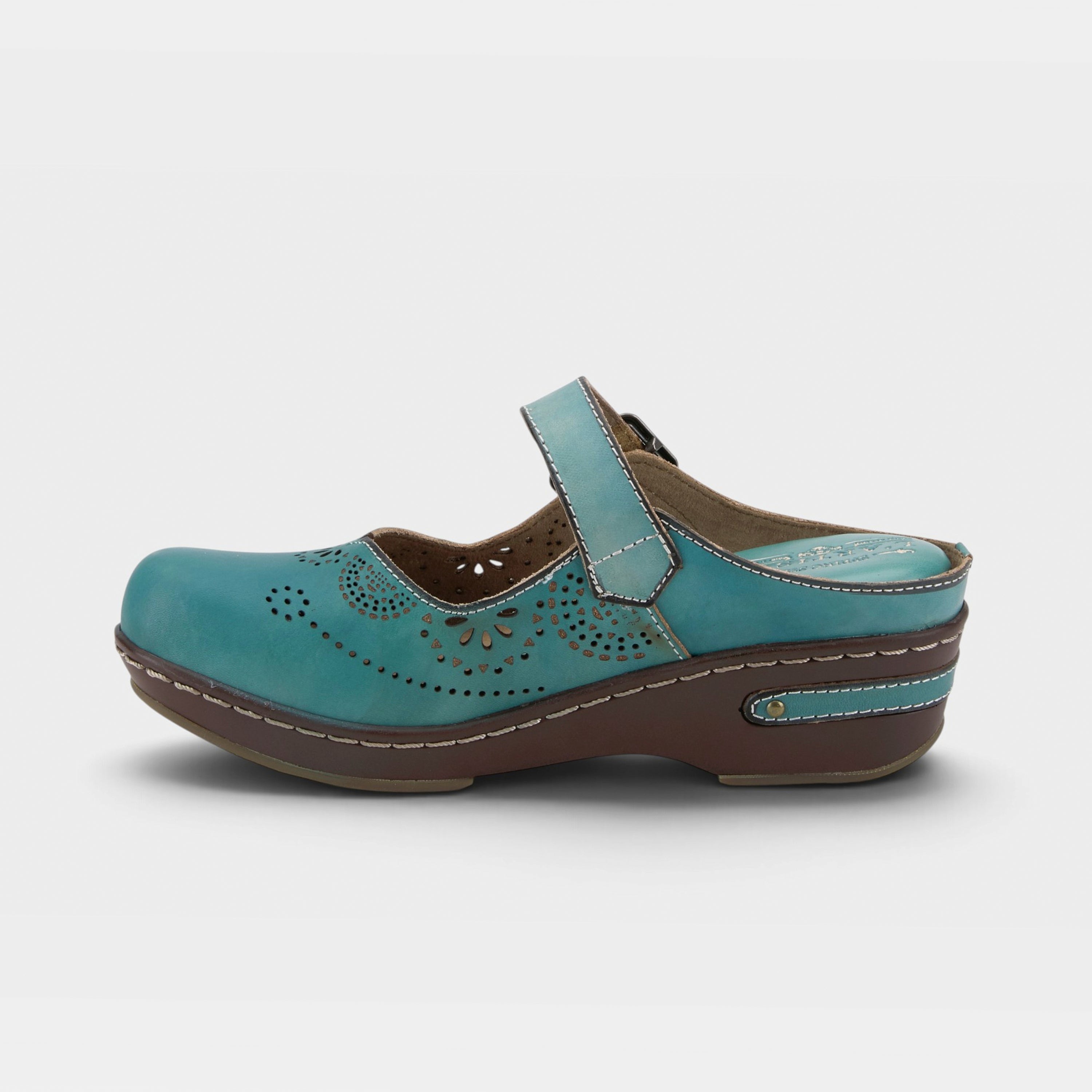 L'Artiste Aneria clogs in Teal, side view