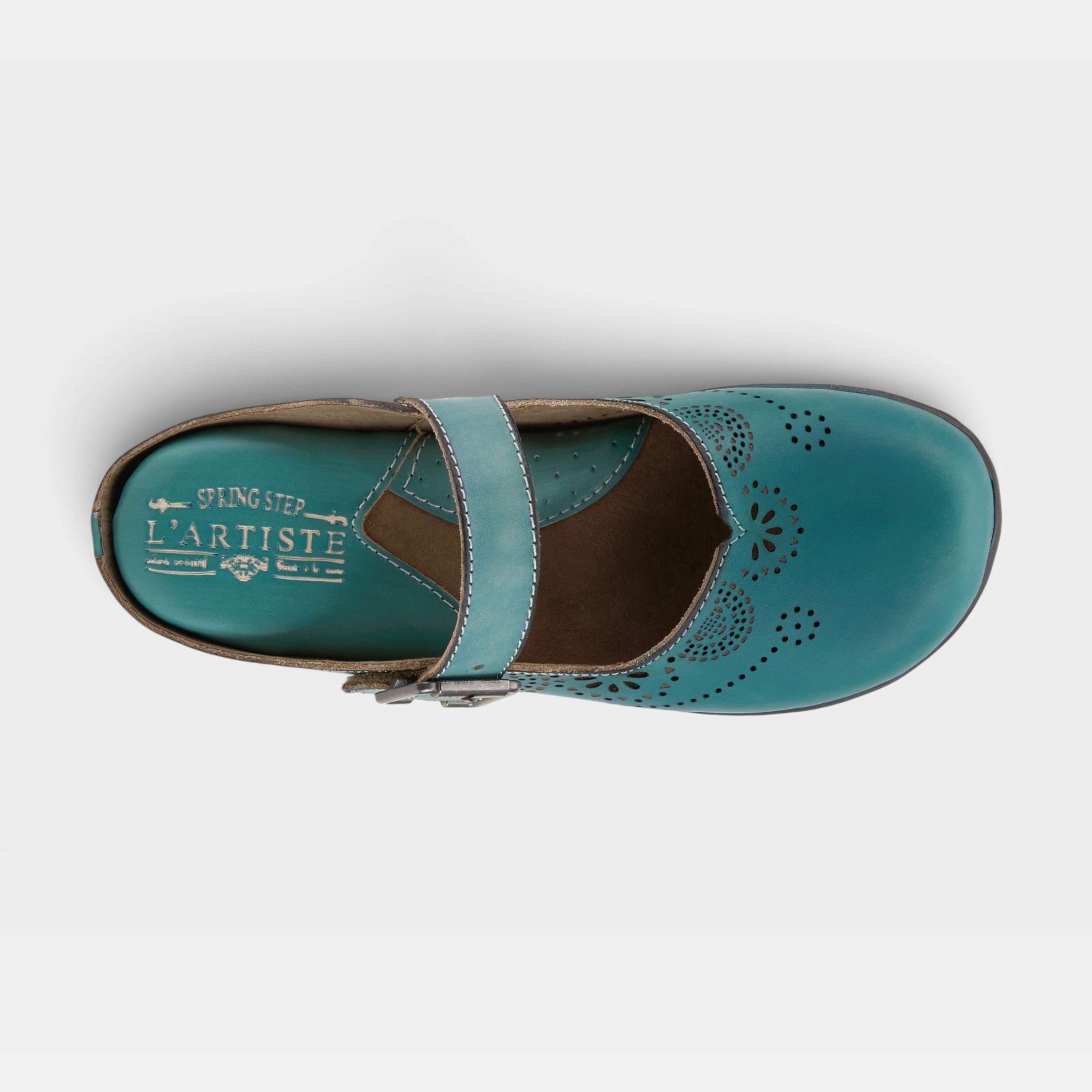 L'Artiste Aneria clogs in Teal, top view