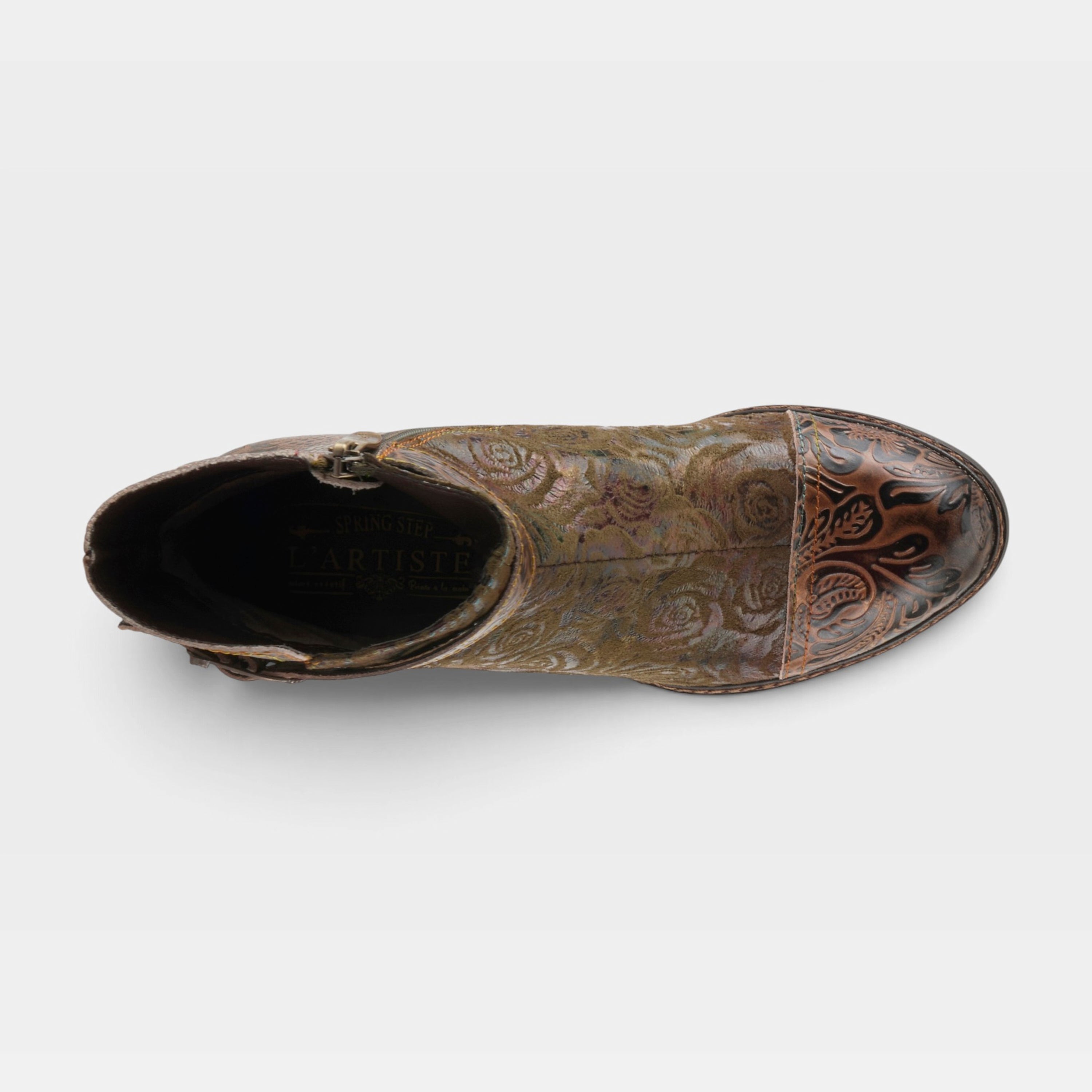 L'Artiste Antilles boots in Olive Green, top view