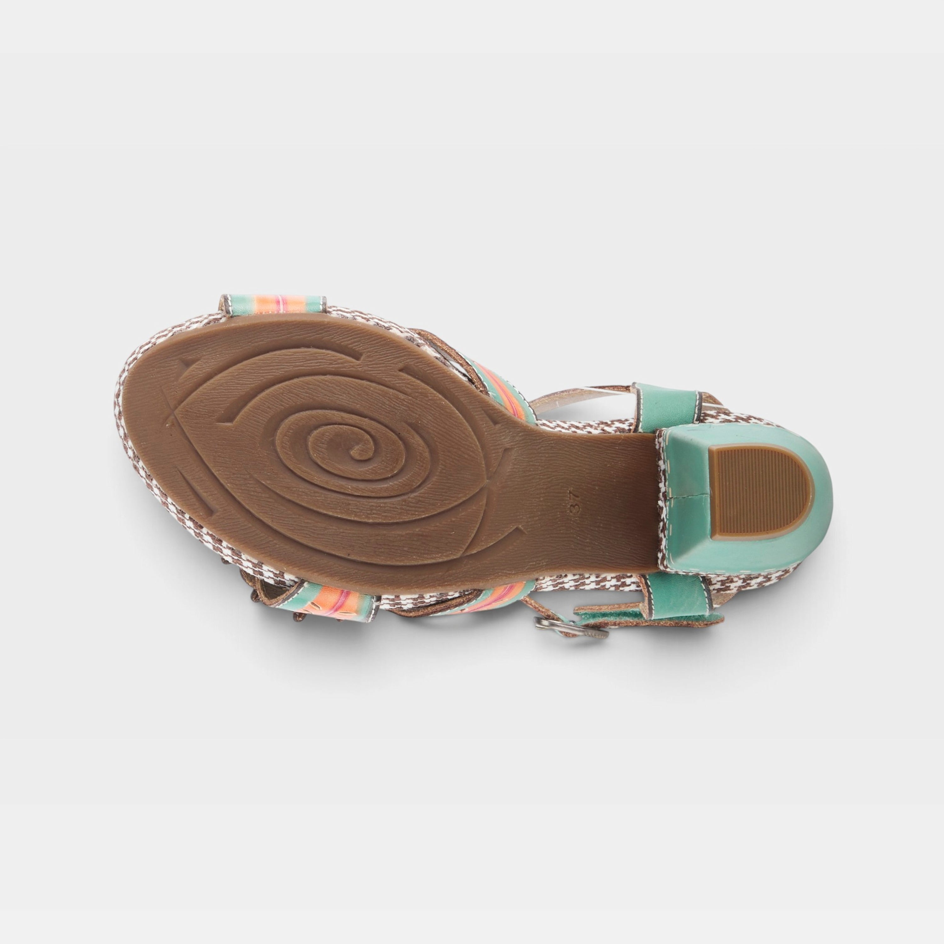 L'Artiste Astarr sandals in Sky Blue Multi, outsole view