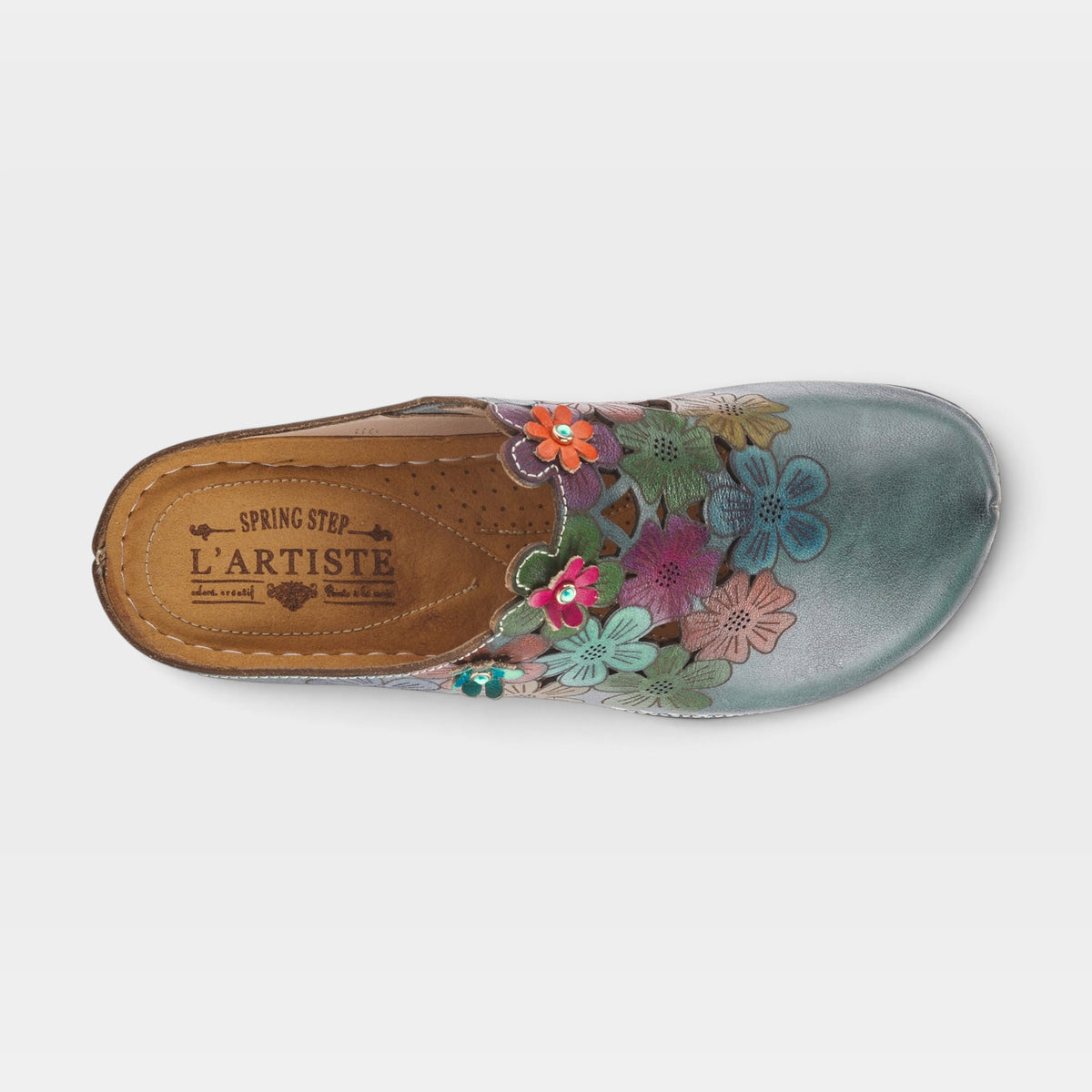 L'Artiste Augi clogs in Blue Multi, top view