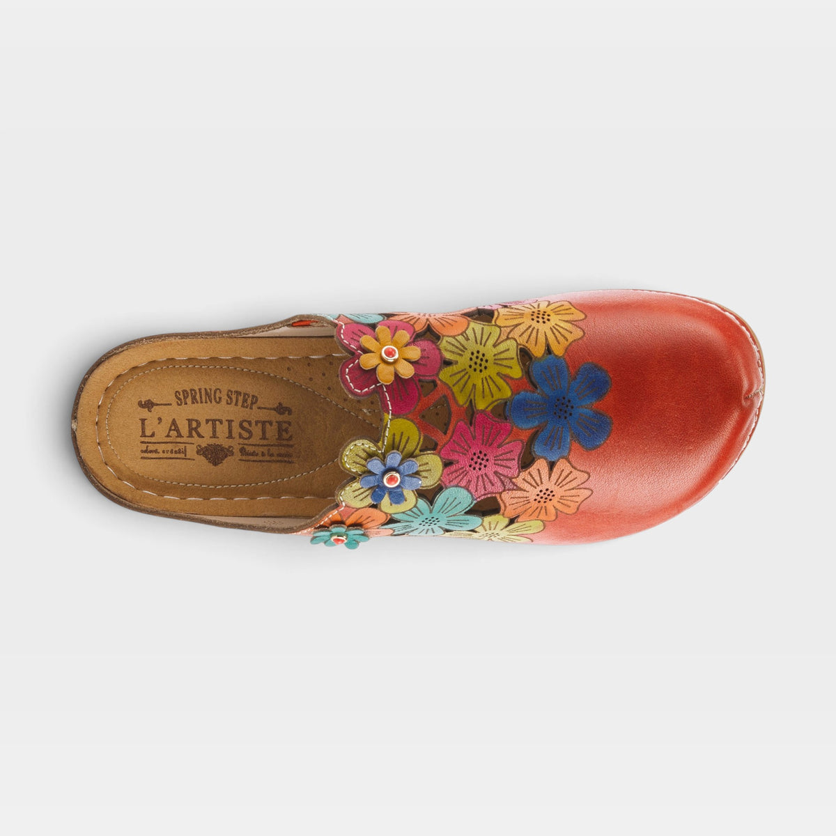 L'Artiste Augi clogs in Red Multi, top view