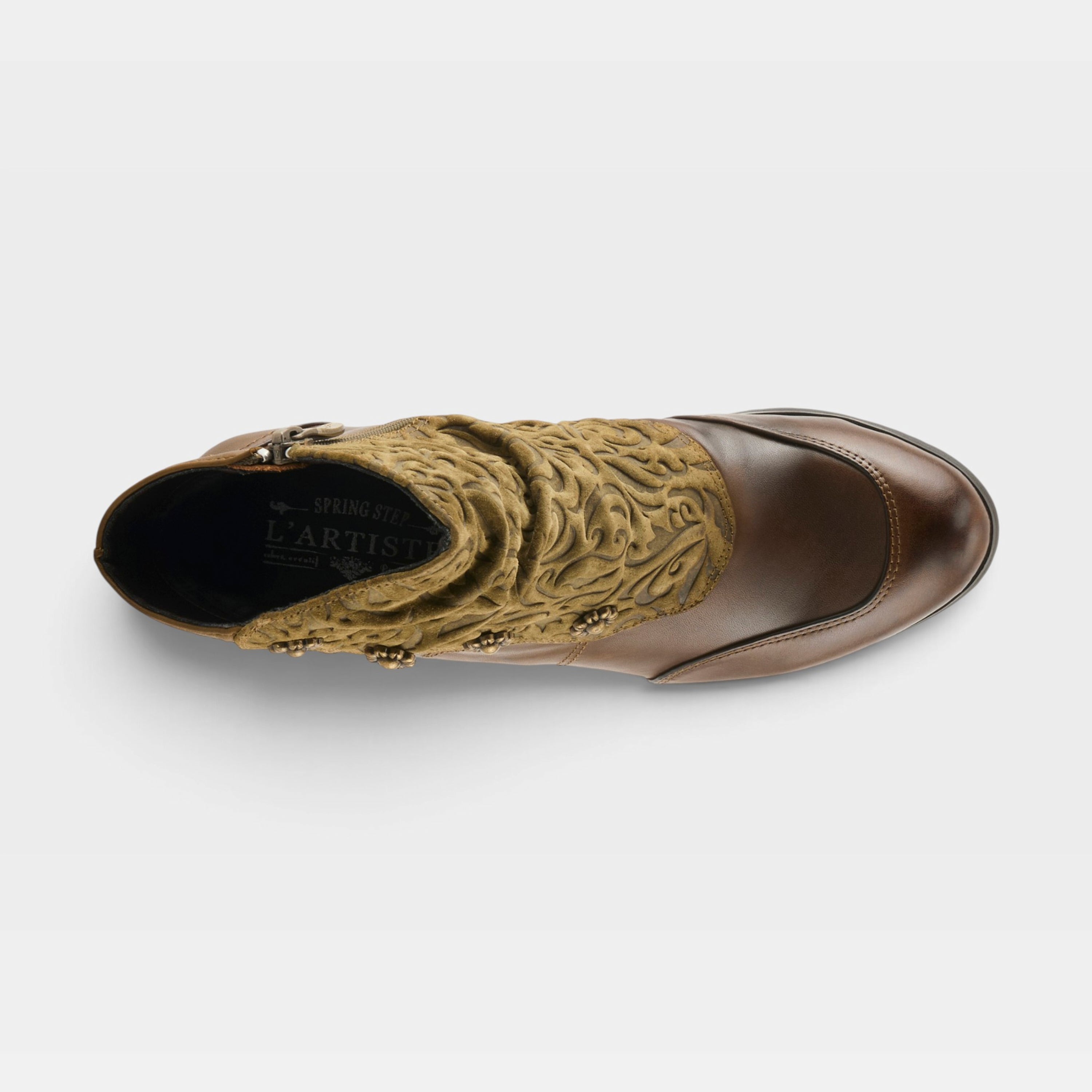 L'Artiste Belgard boots in Olive, top view