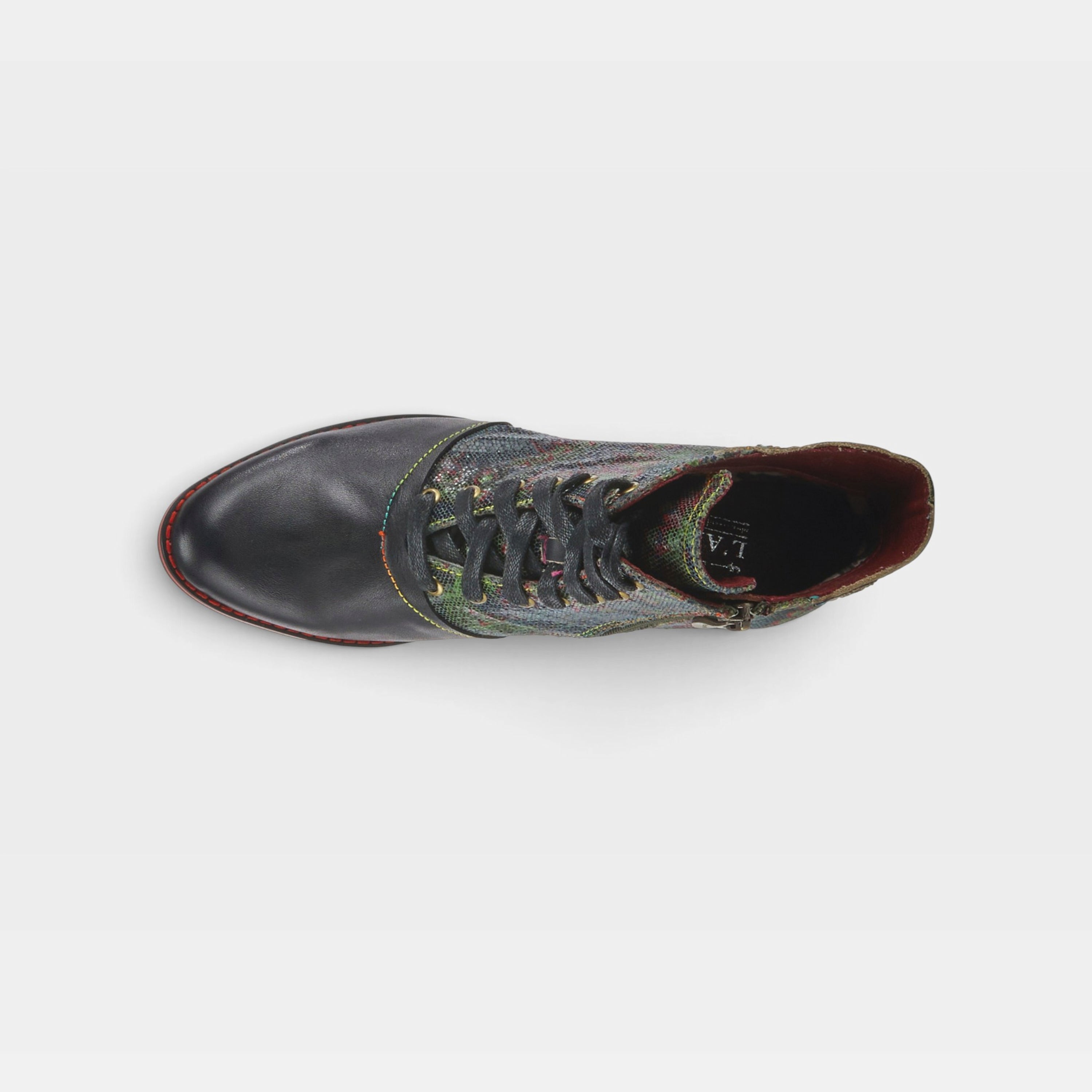 L'Artiste Benatar western bootie in Black Multi, top view