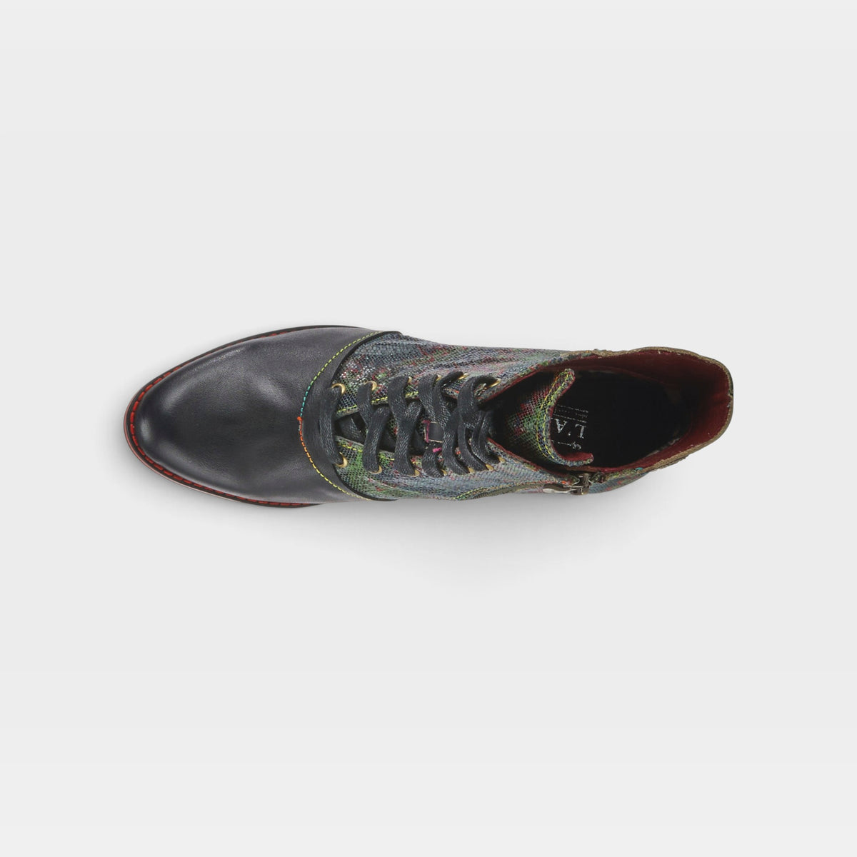 L'Artiste Benatar western bootie in Black Multi, top view