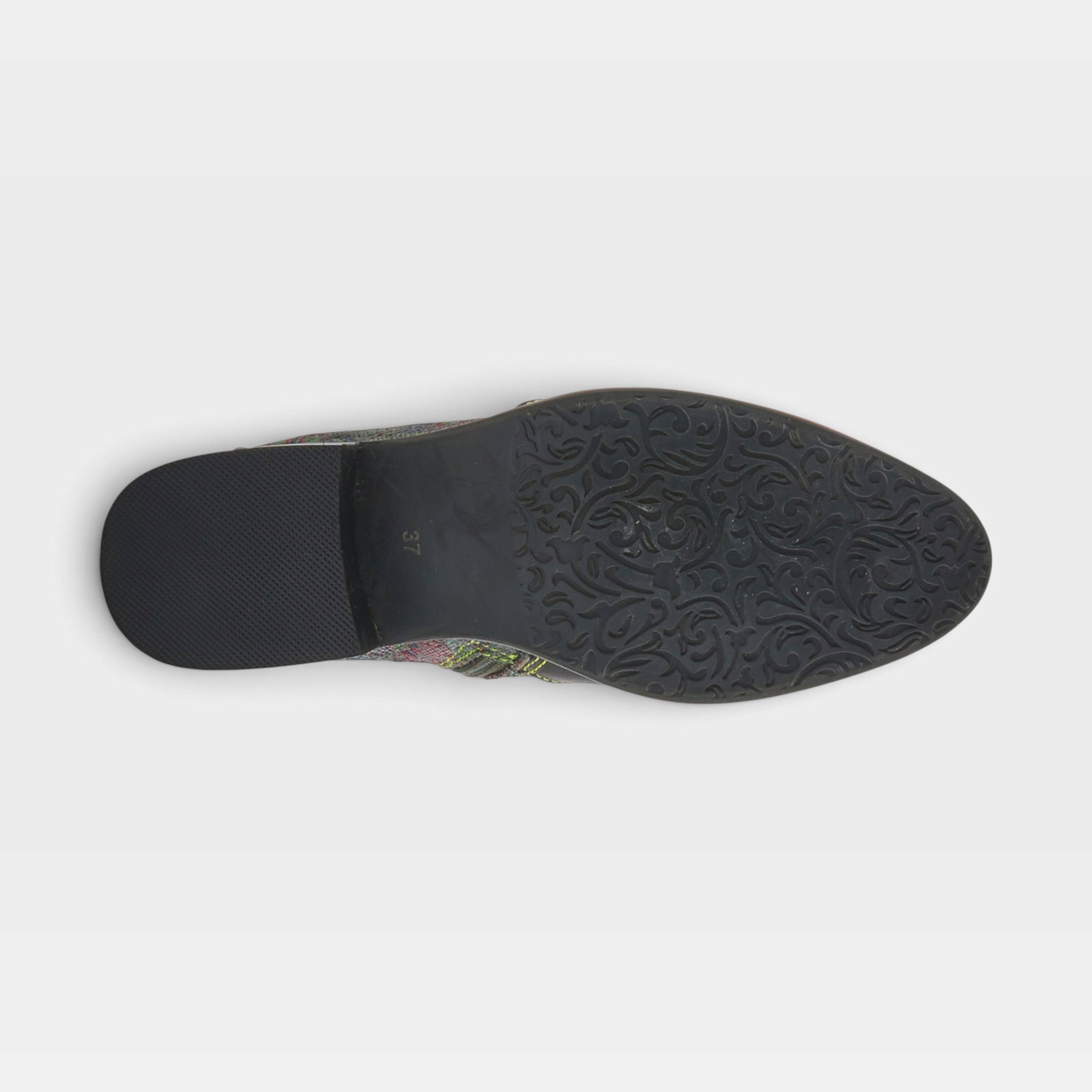 L'Artiste Benatar western bootie in Black Multi, outsole view