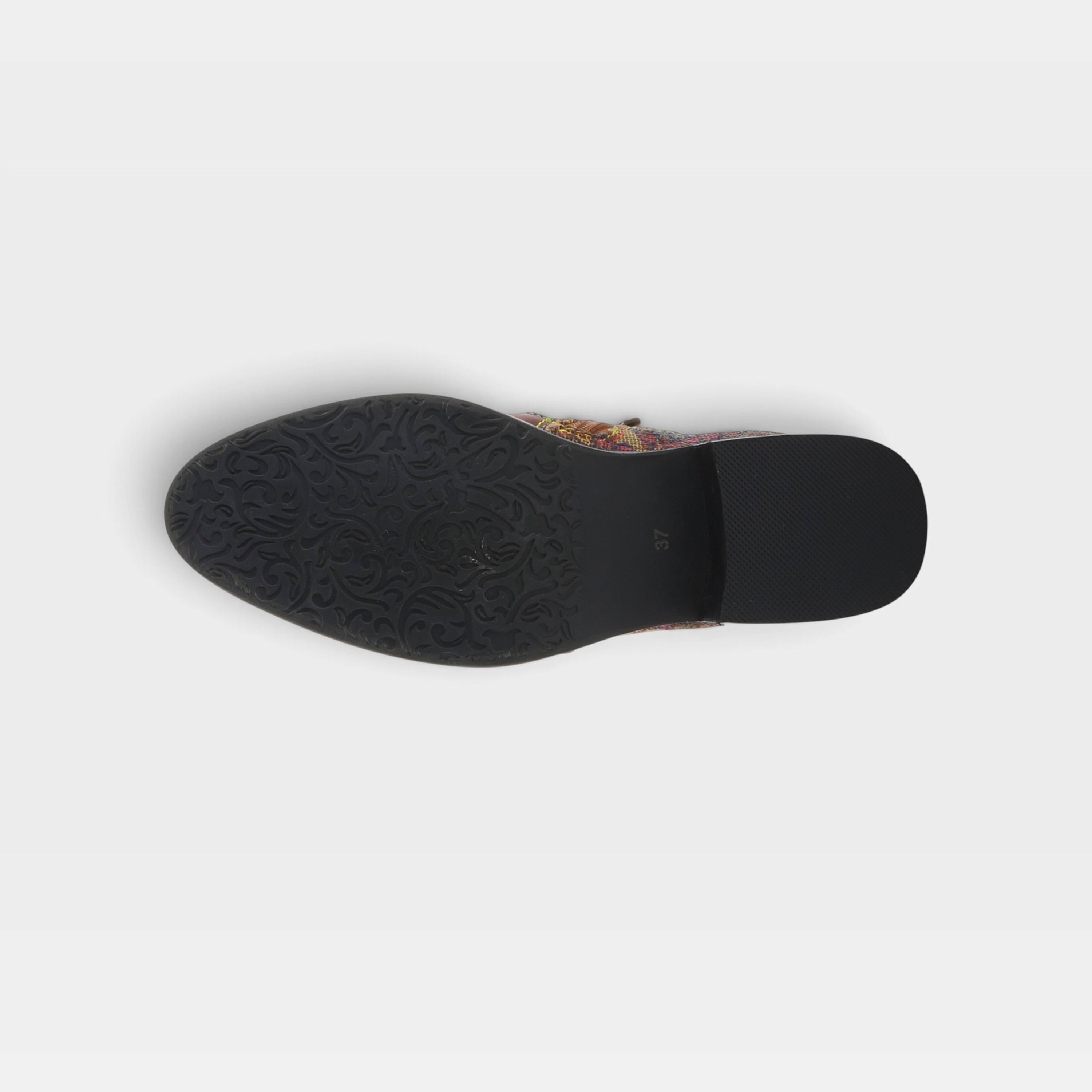 L'Artiste Benatar western bootie in Brown Multi, outsole view