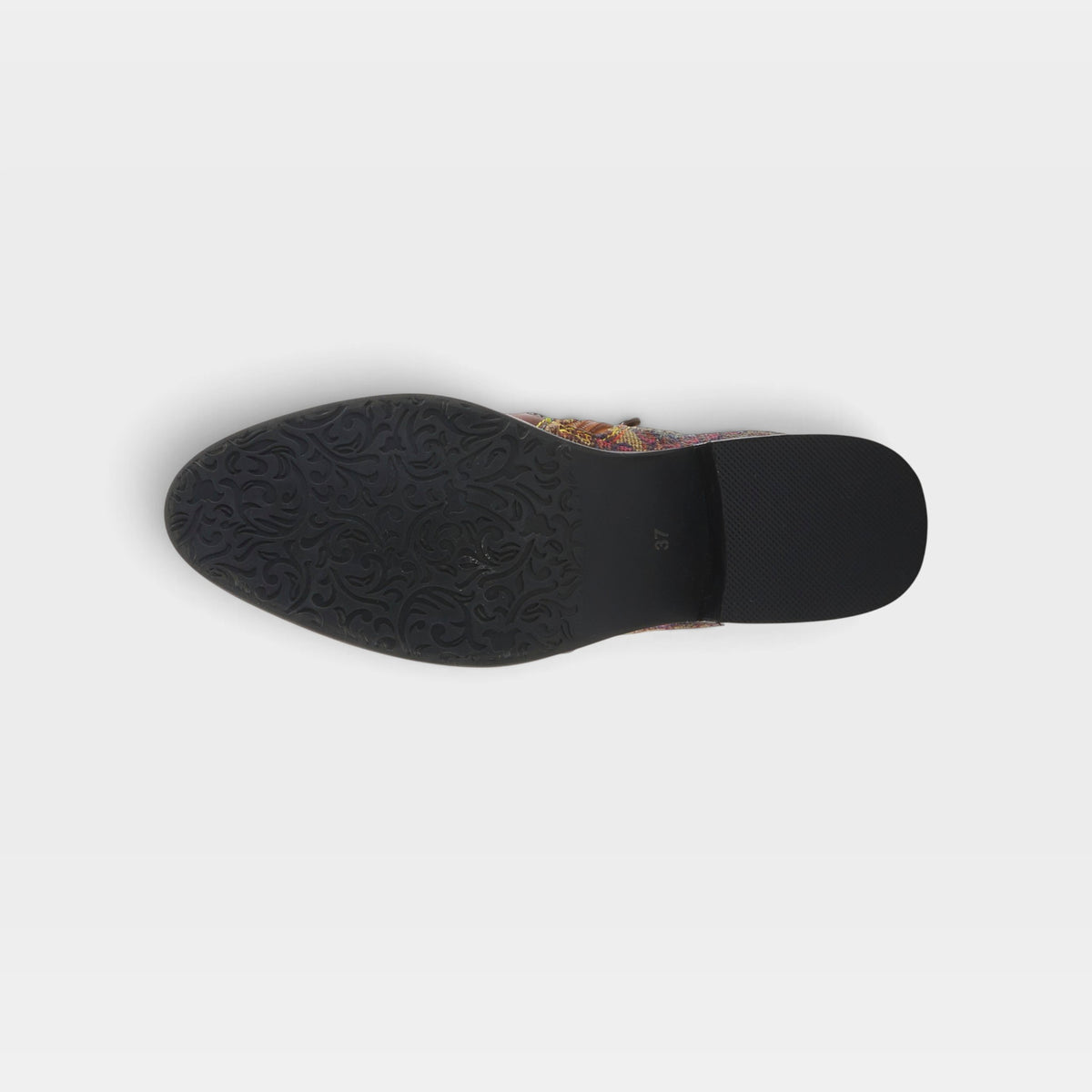 L'Artiste Benatar western bootie in Brown Multi, outsole view