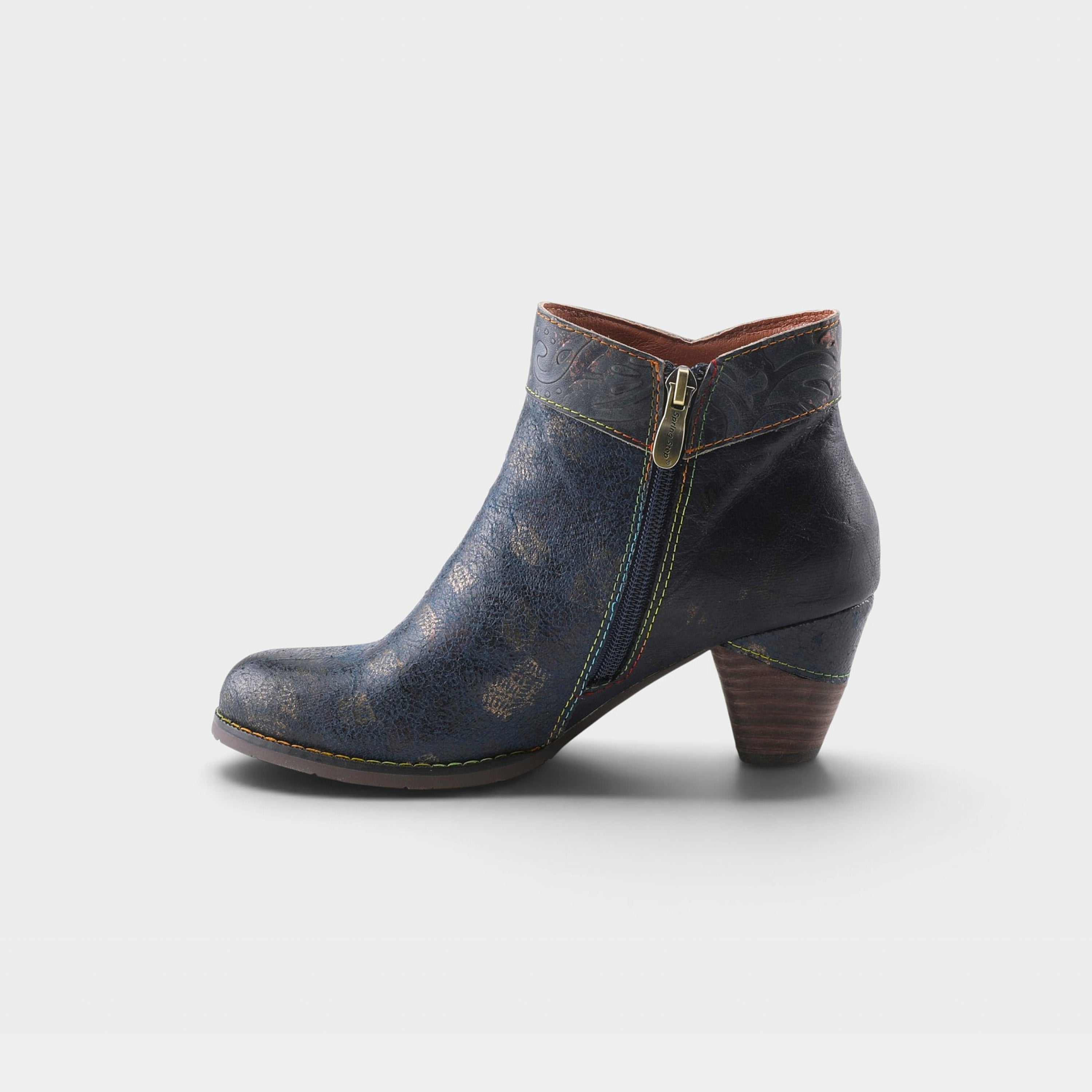L'Artiste Bestlove boots in Navy Multi, side view