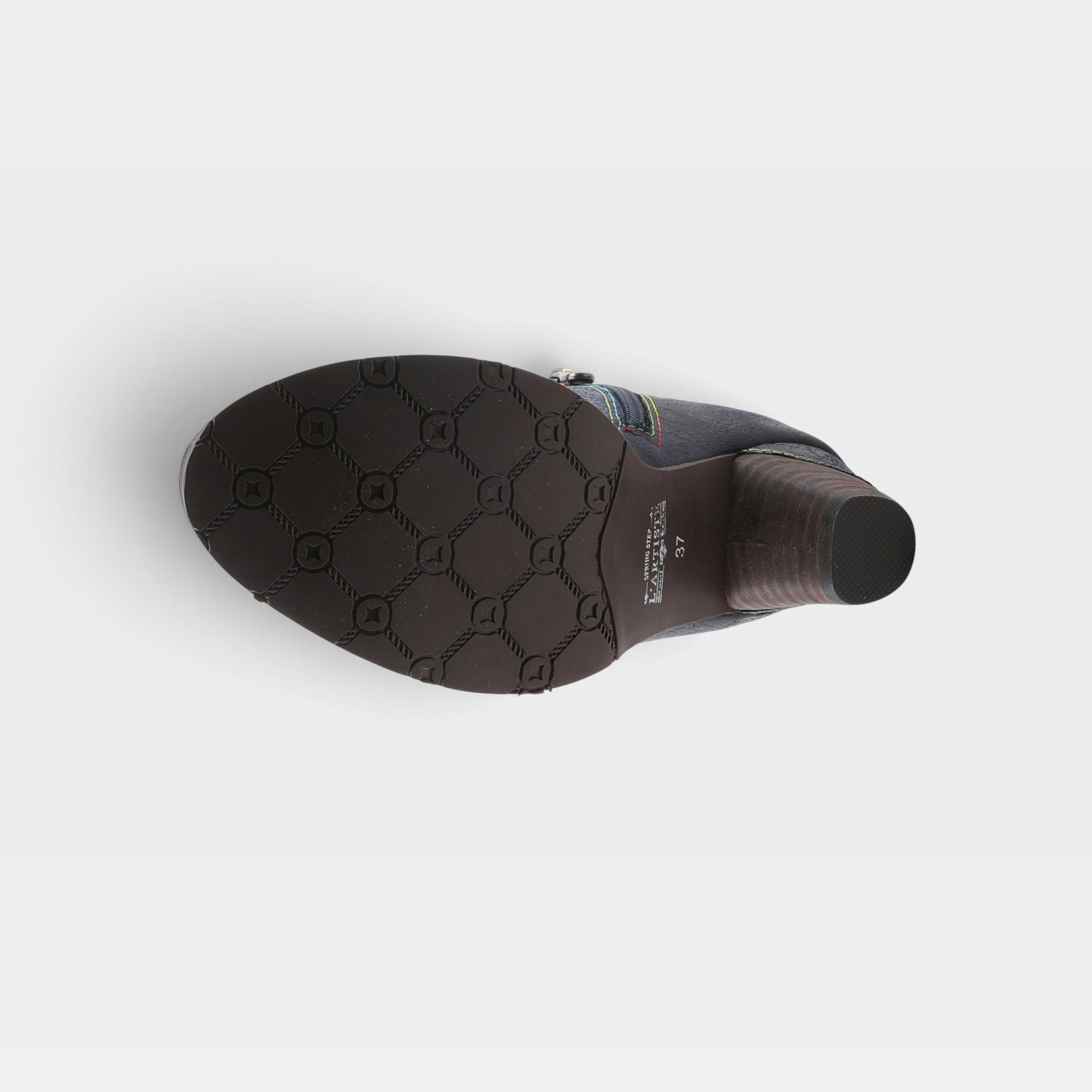 L'Artiste Bestlove boots in Navy Multi, outsole view