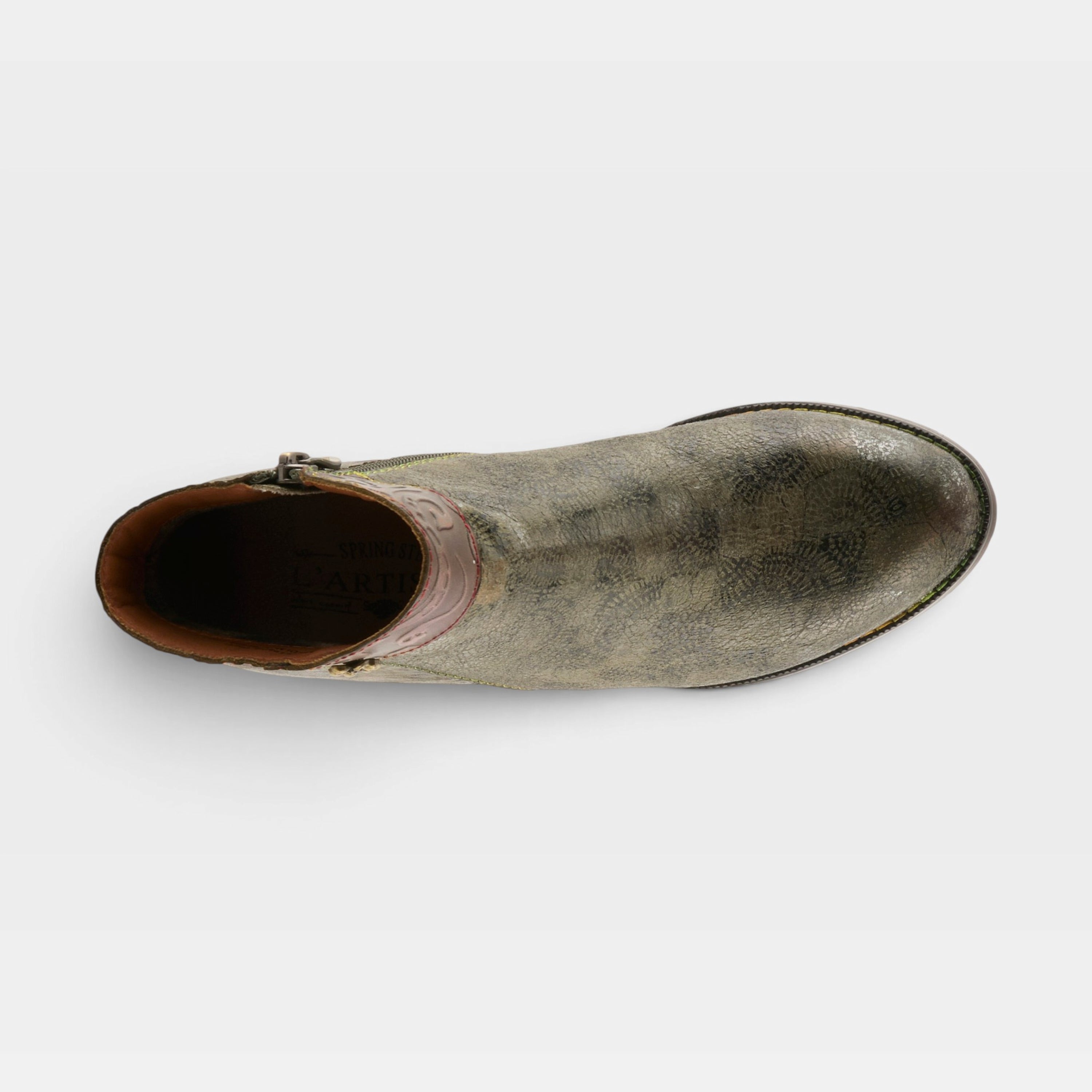 L'Artiste Bestlove boots in Olive Multi, top view