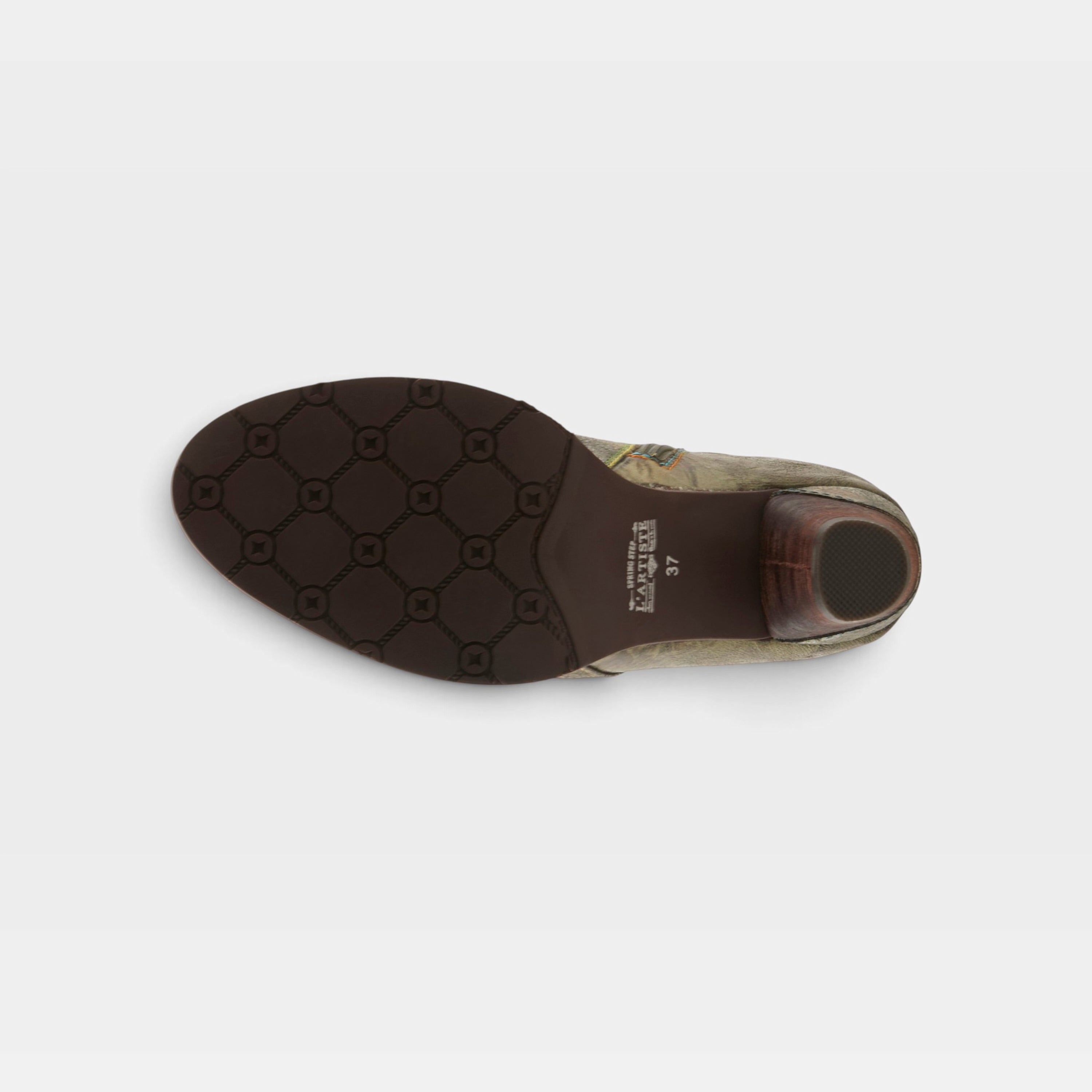 L'Artiste Bestlove boots in Olive Multi, outsole view