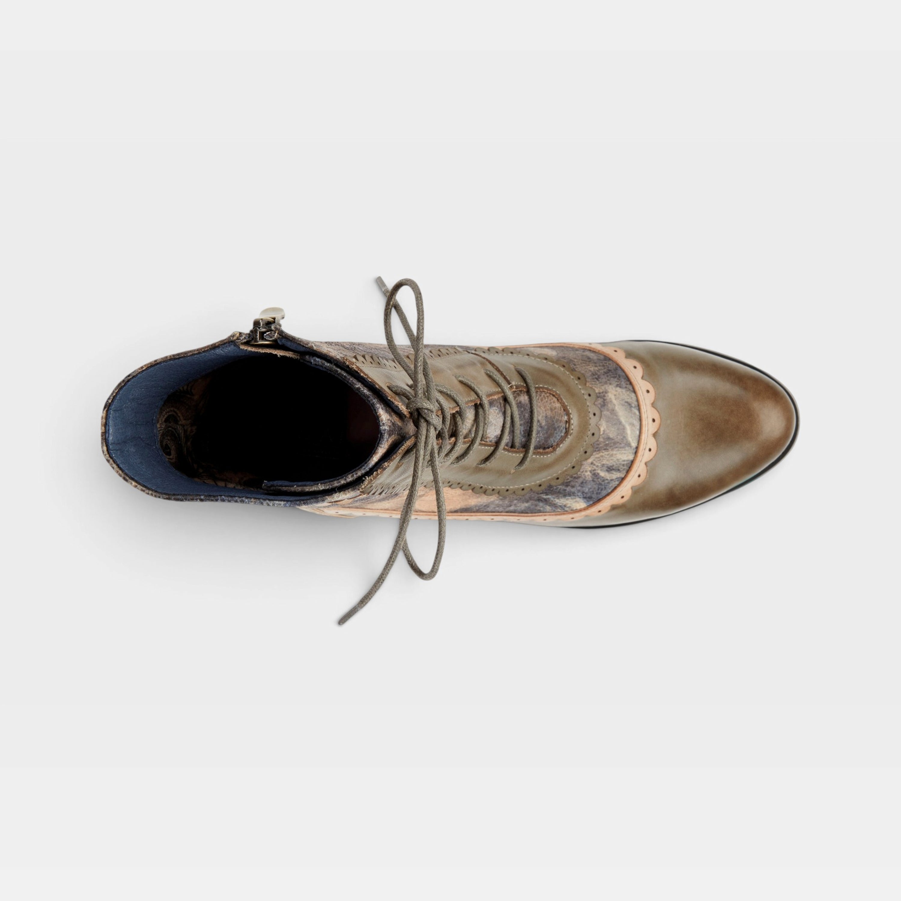 L'Artiste Bewitch-Floral bootie in Olive Multi, top view