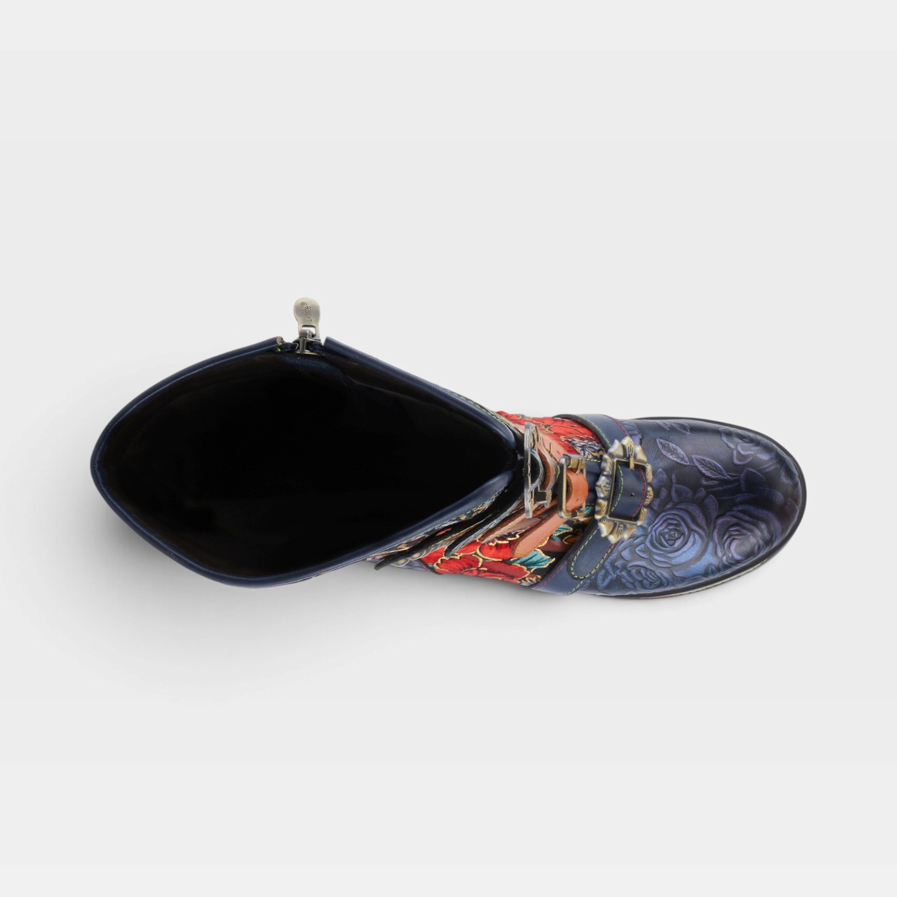 L'Artiste Brazen boots in Navy Multi, top view
