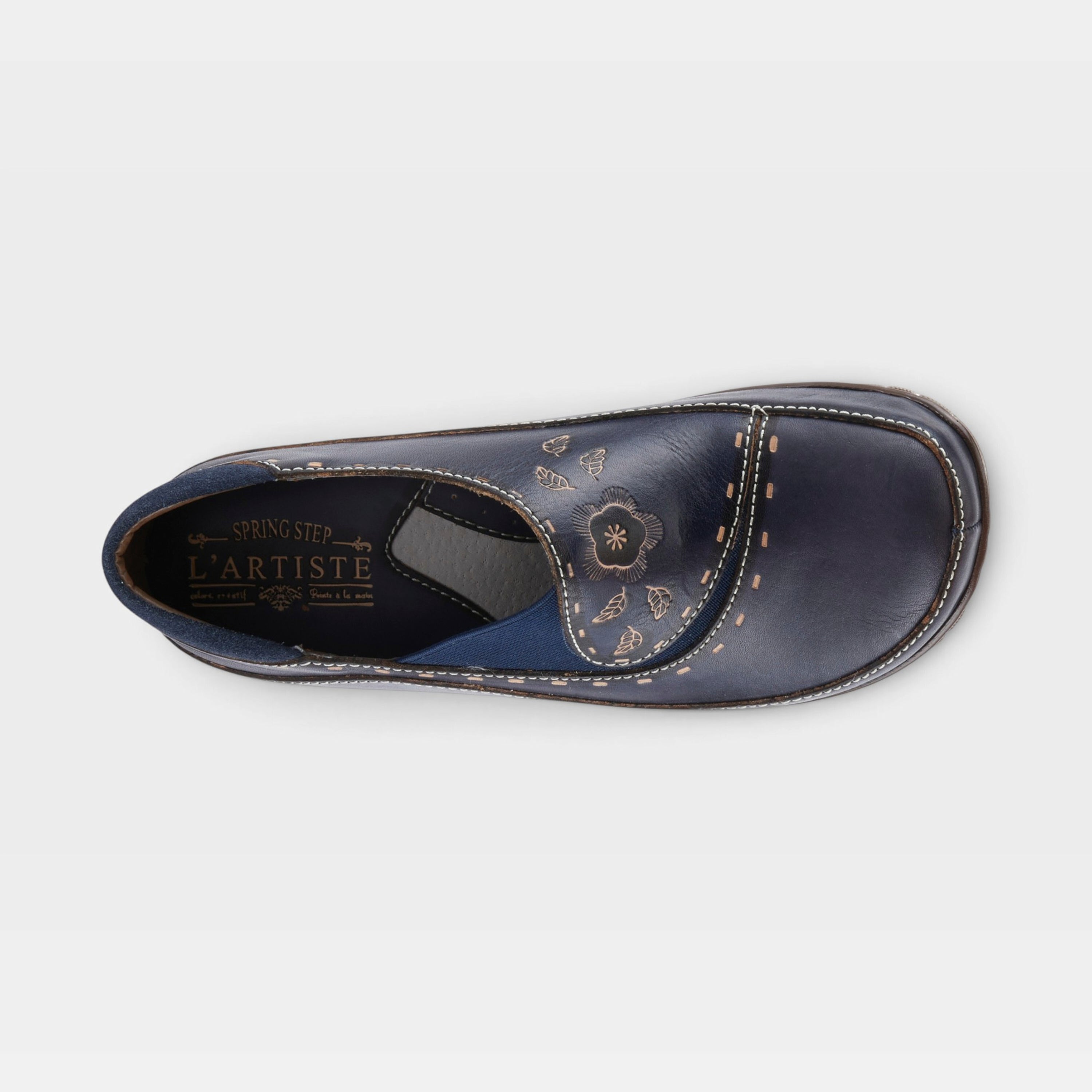 L'Artiste Burbank clogs in Navy, top view