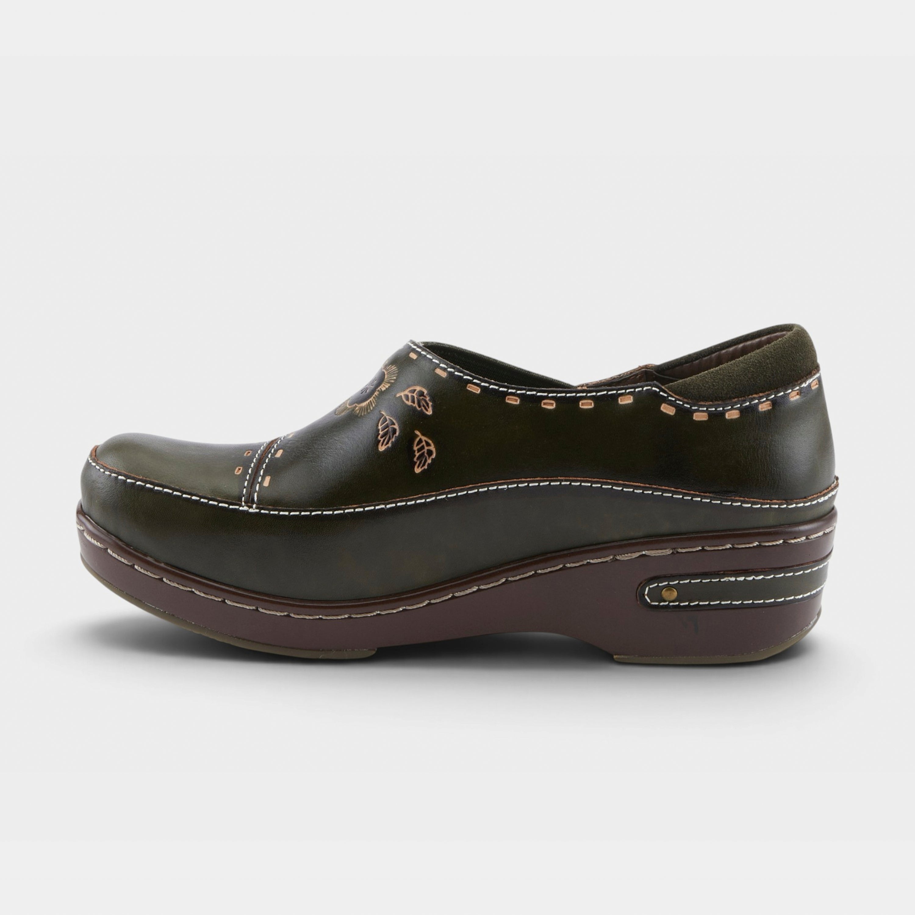 L'Artiste Burbank clogs in Olive Green, side view
