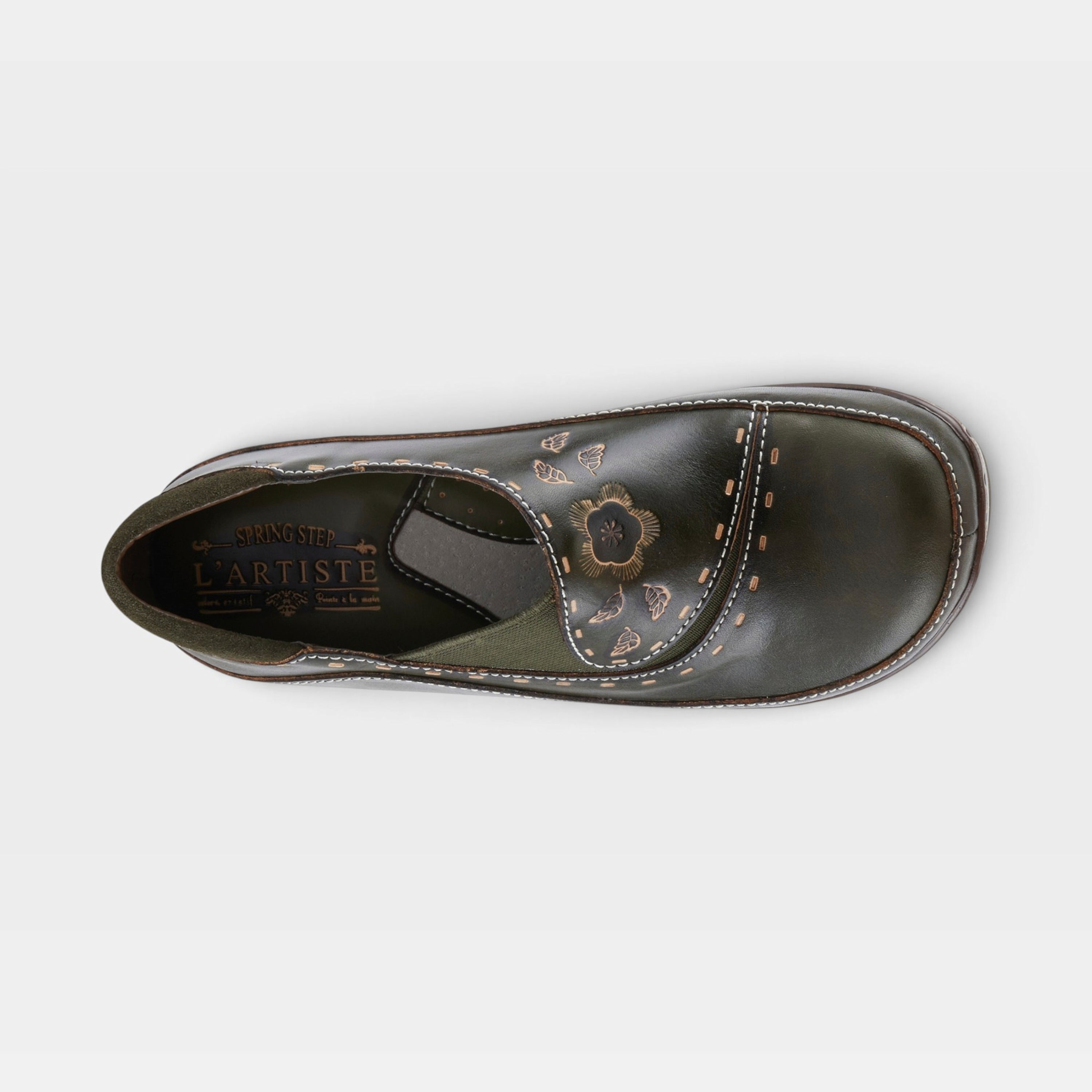 L'Artiste Burbank clogs in Olive Green, top view