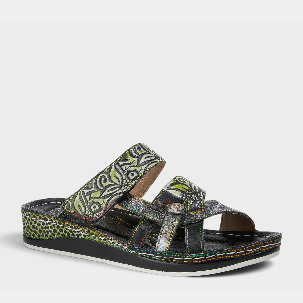 L'Artiste Caiman Slide Sandal in BLACK MULTI, front view