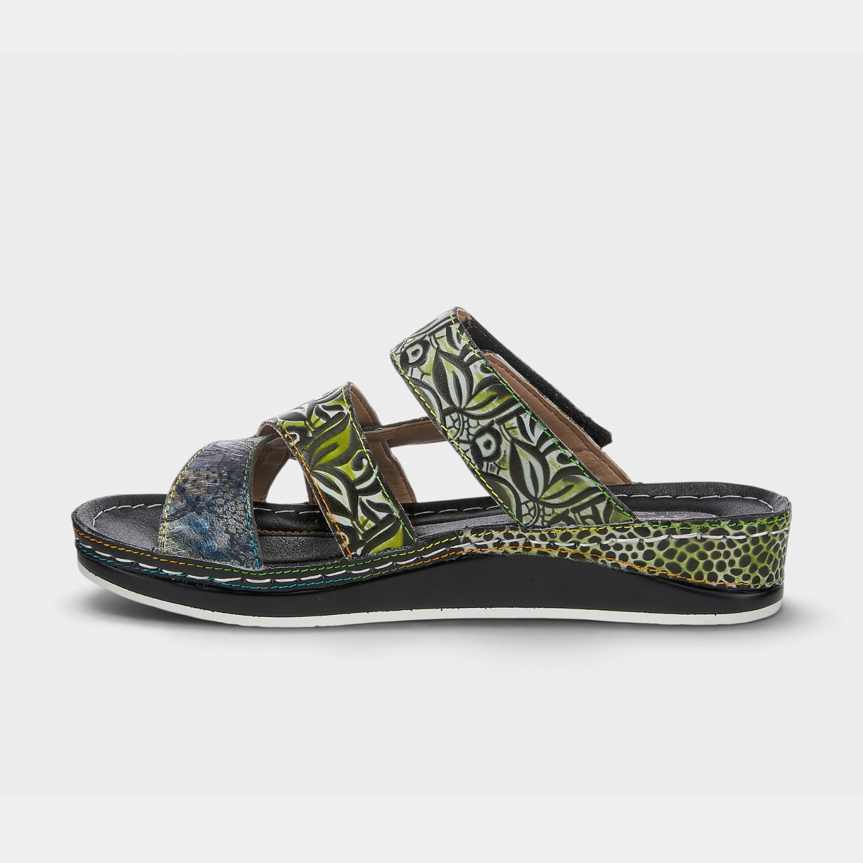 L'Artiste Caiman slide sandals in Black Multi, side view