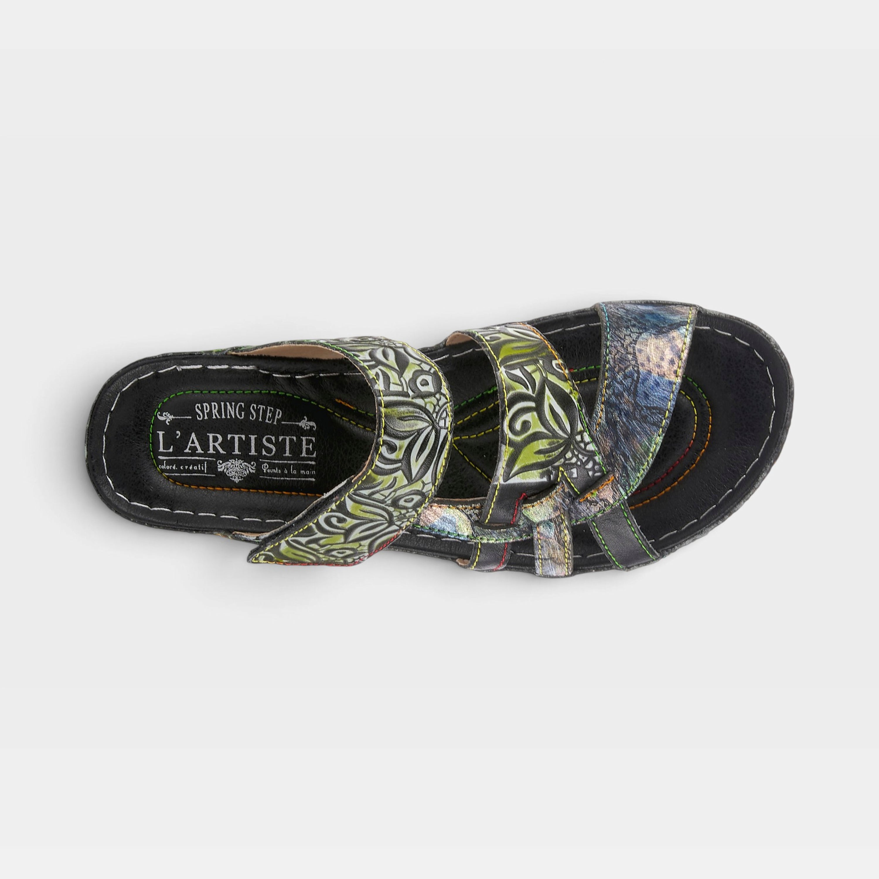 L'Artiste Caiman slide sandals in Black Multi, top view