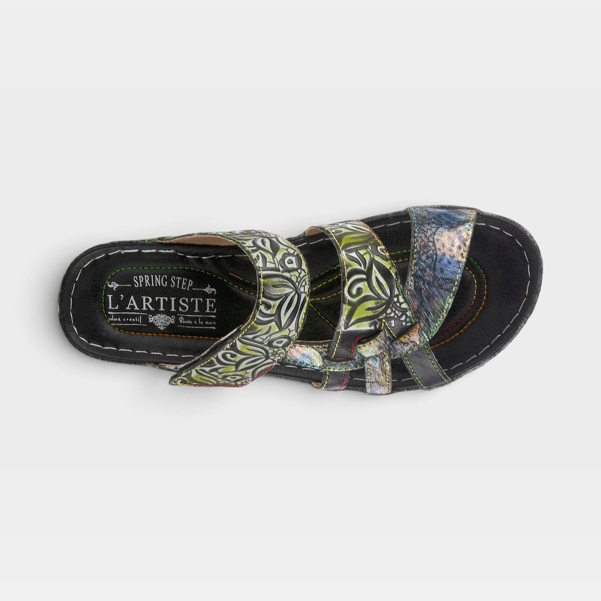 L'Artiste Caiman slide sandals in Black Multi, top view