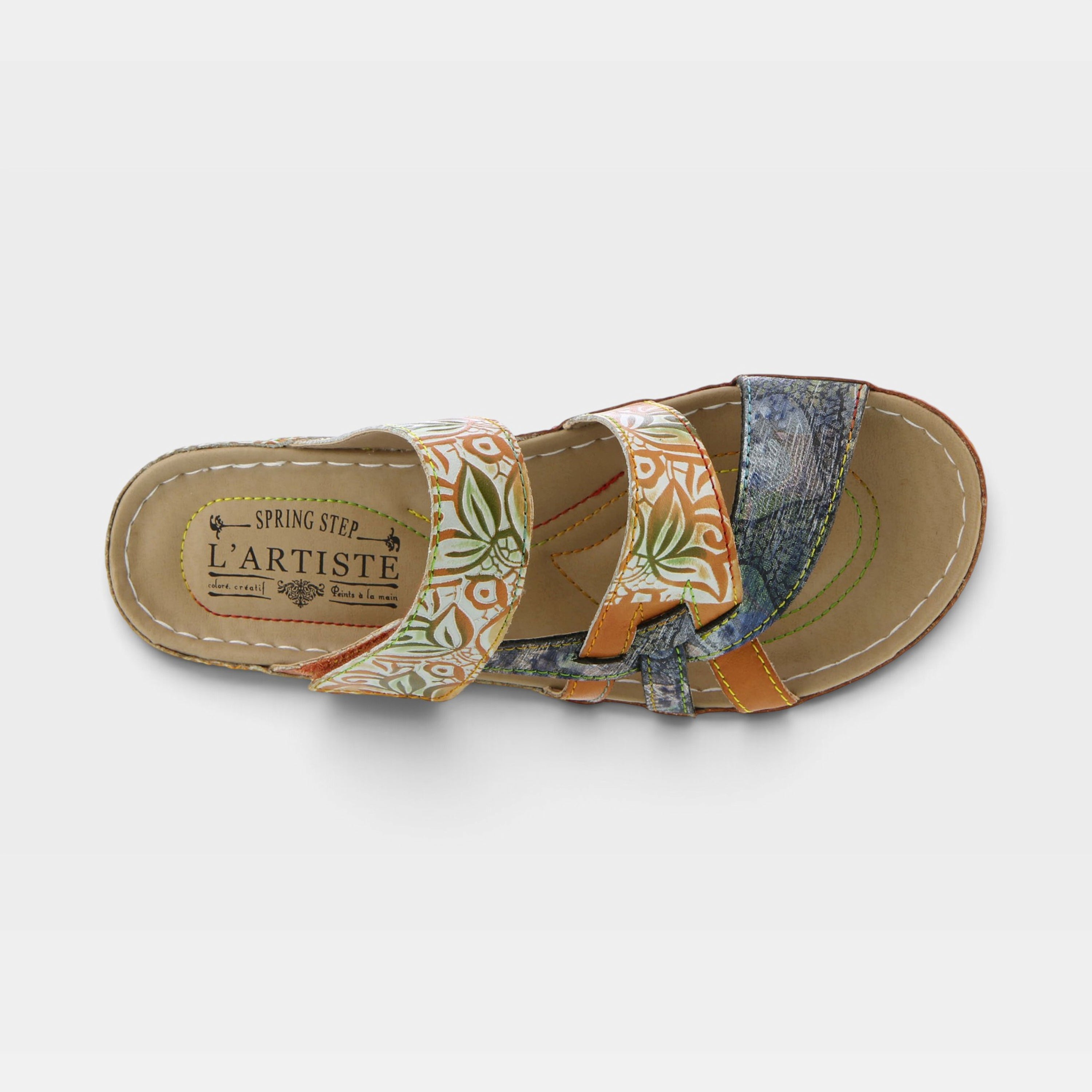L'Artiste Caiman slide sandals in Camel Multi, top view