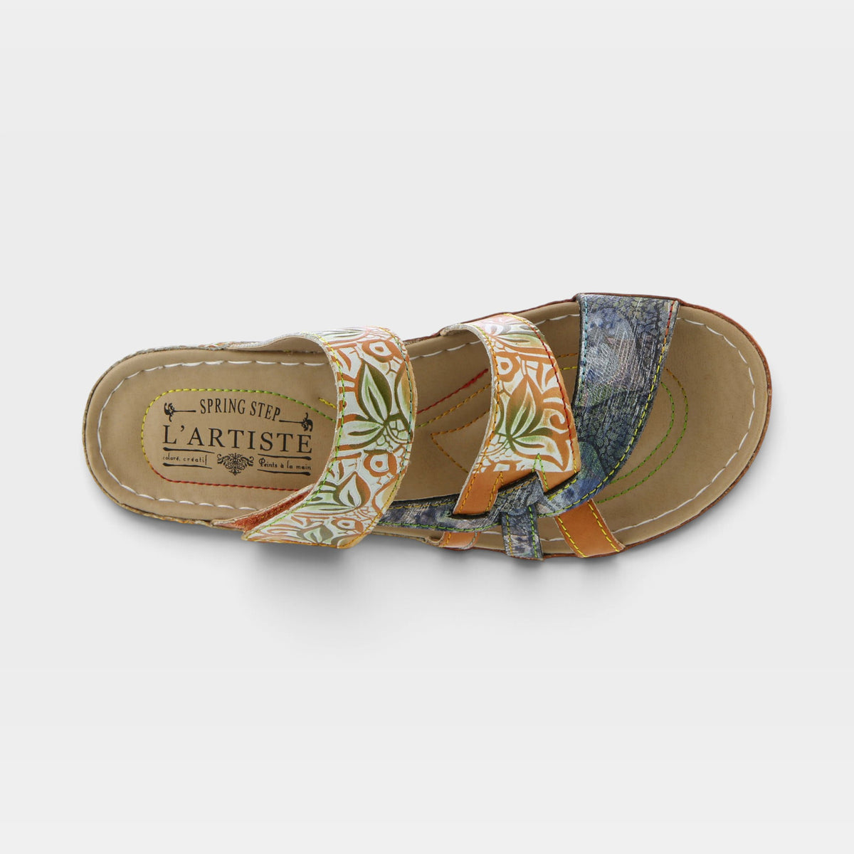 L'Artiste Caiman slide sandals in Camel Multi, top view