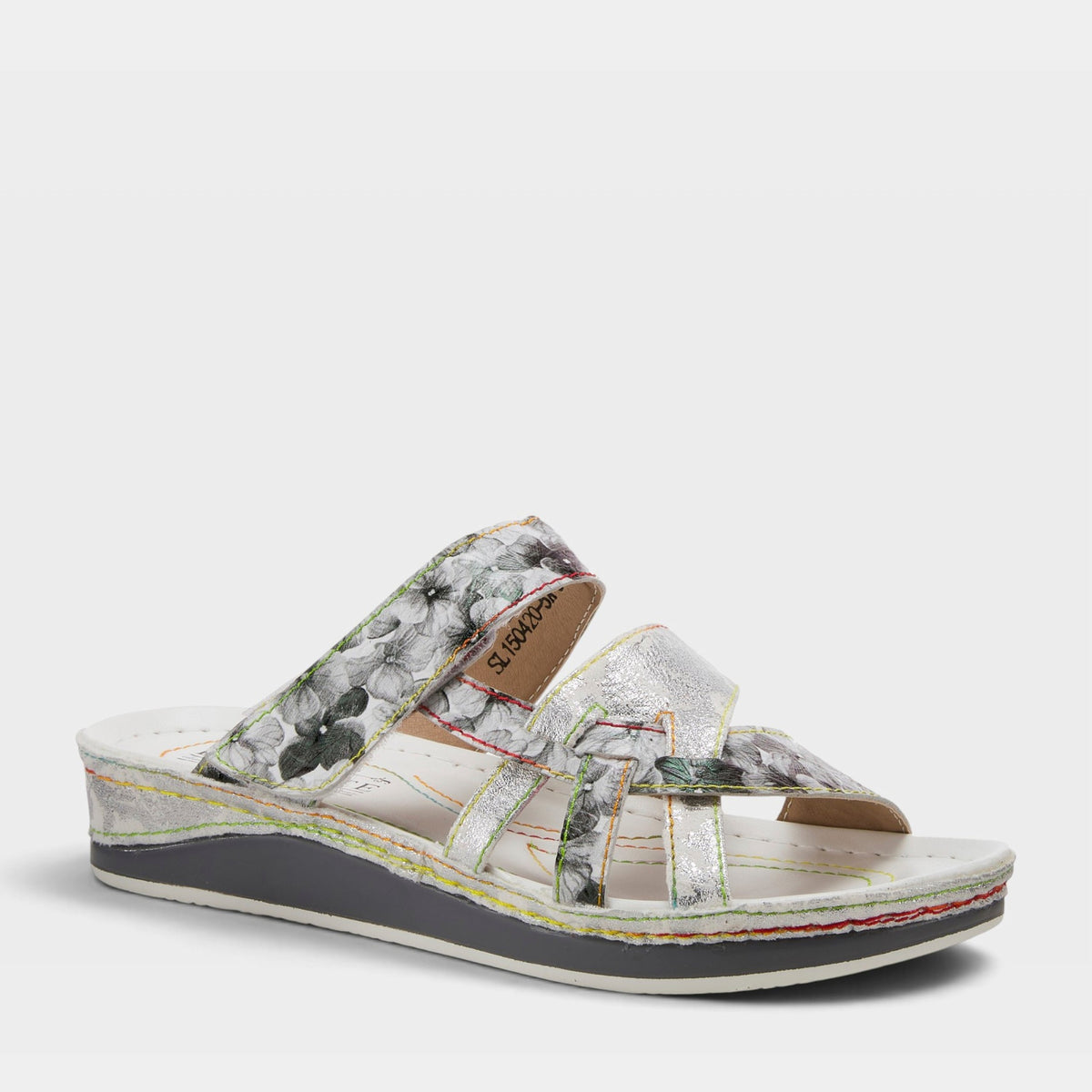 L'Artiste Caiman Slide Sandal in SILVER MULTI, front view