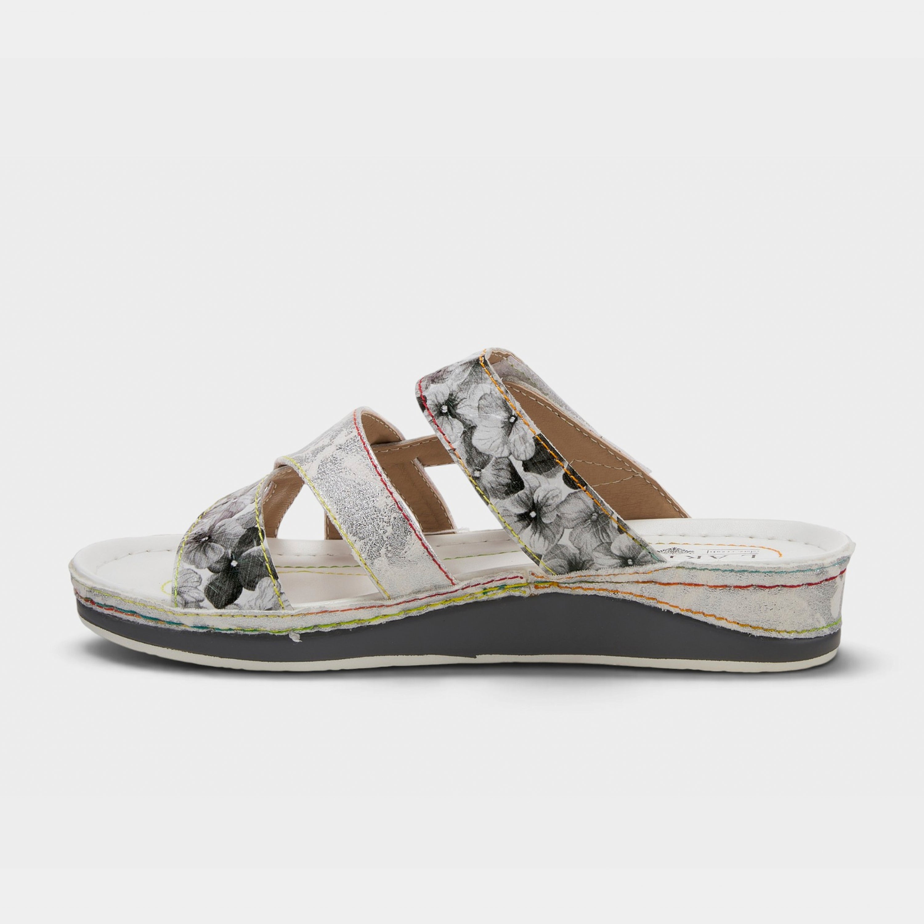 L'Artiste Caiman slide sandals in Silver Multi, side view