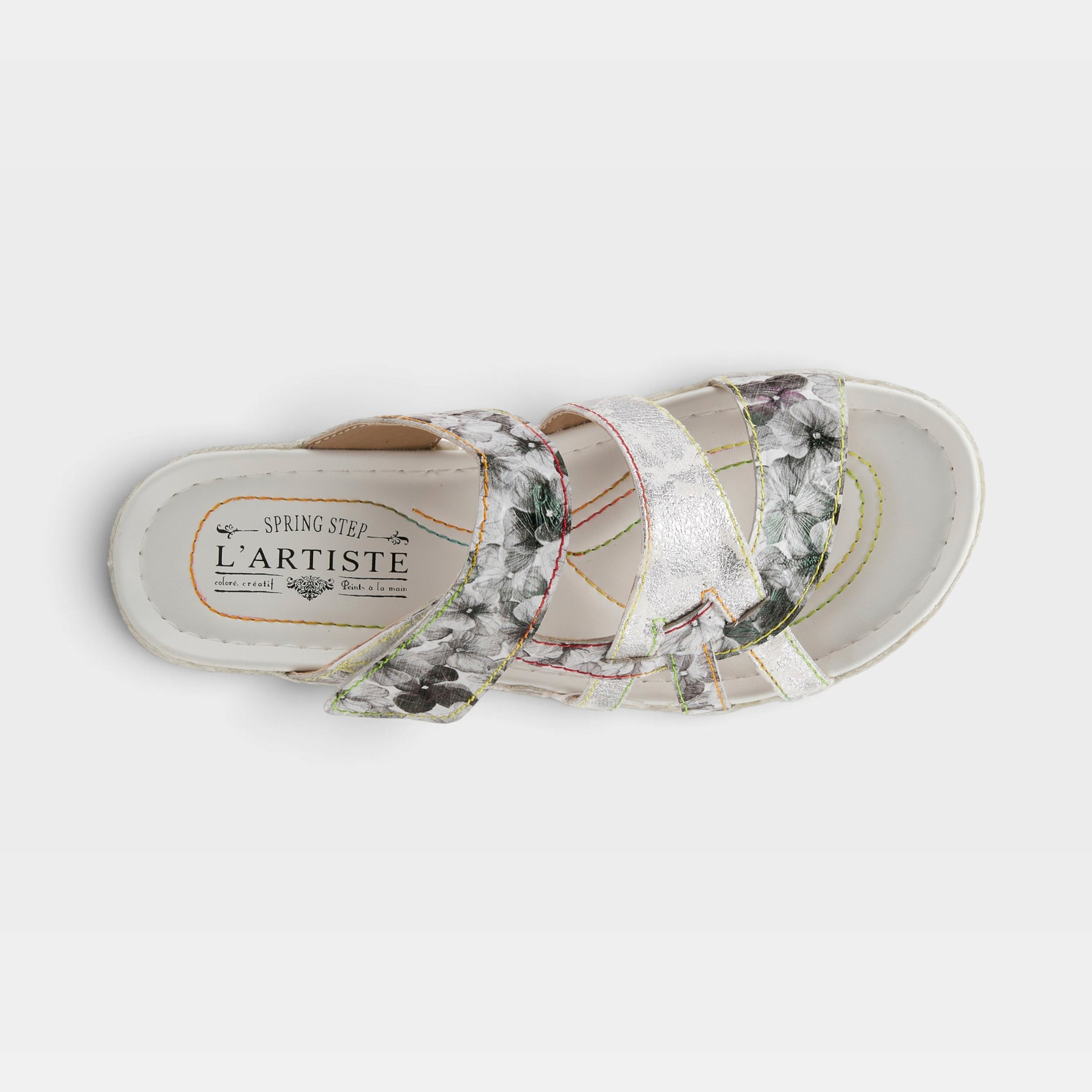 L'Artiste Caiman slide sandals in Silver Multi, top view