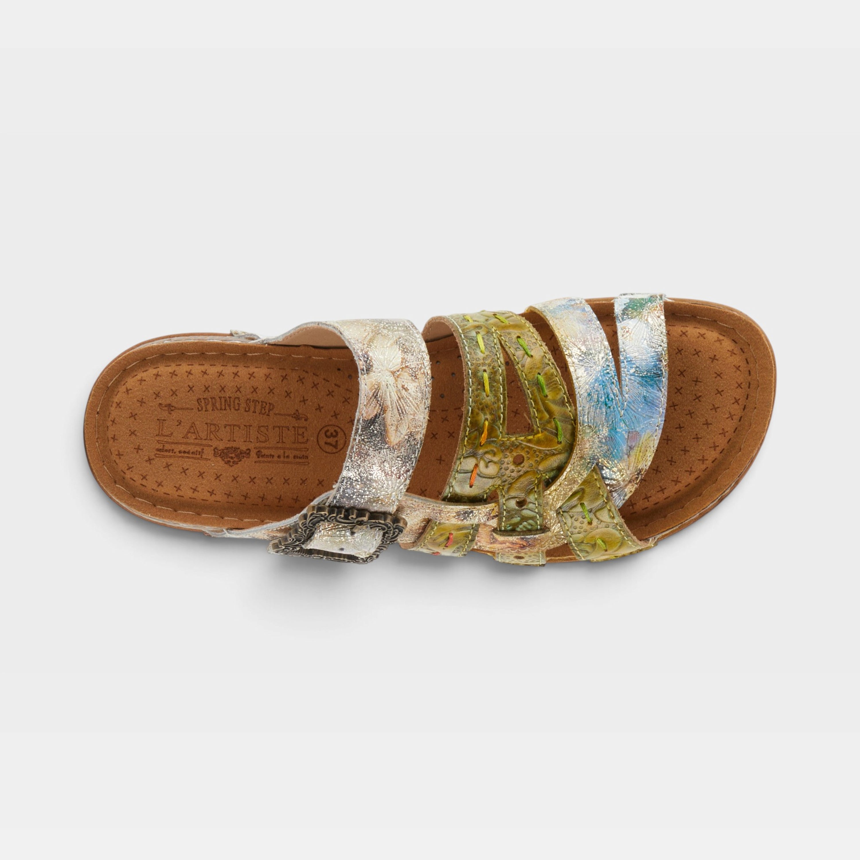 L'Artiste Calamityjay sandals in Olive Multi, top view