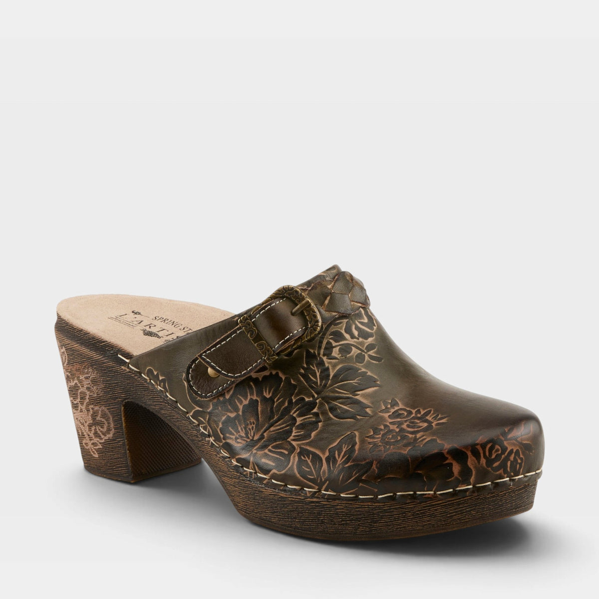 L'Artiste CALLIROE CLOGS in OLIVE MULTI, front view
