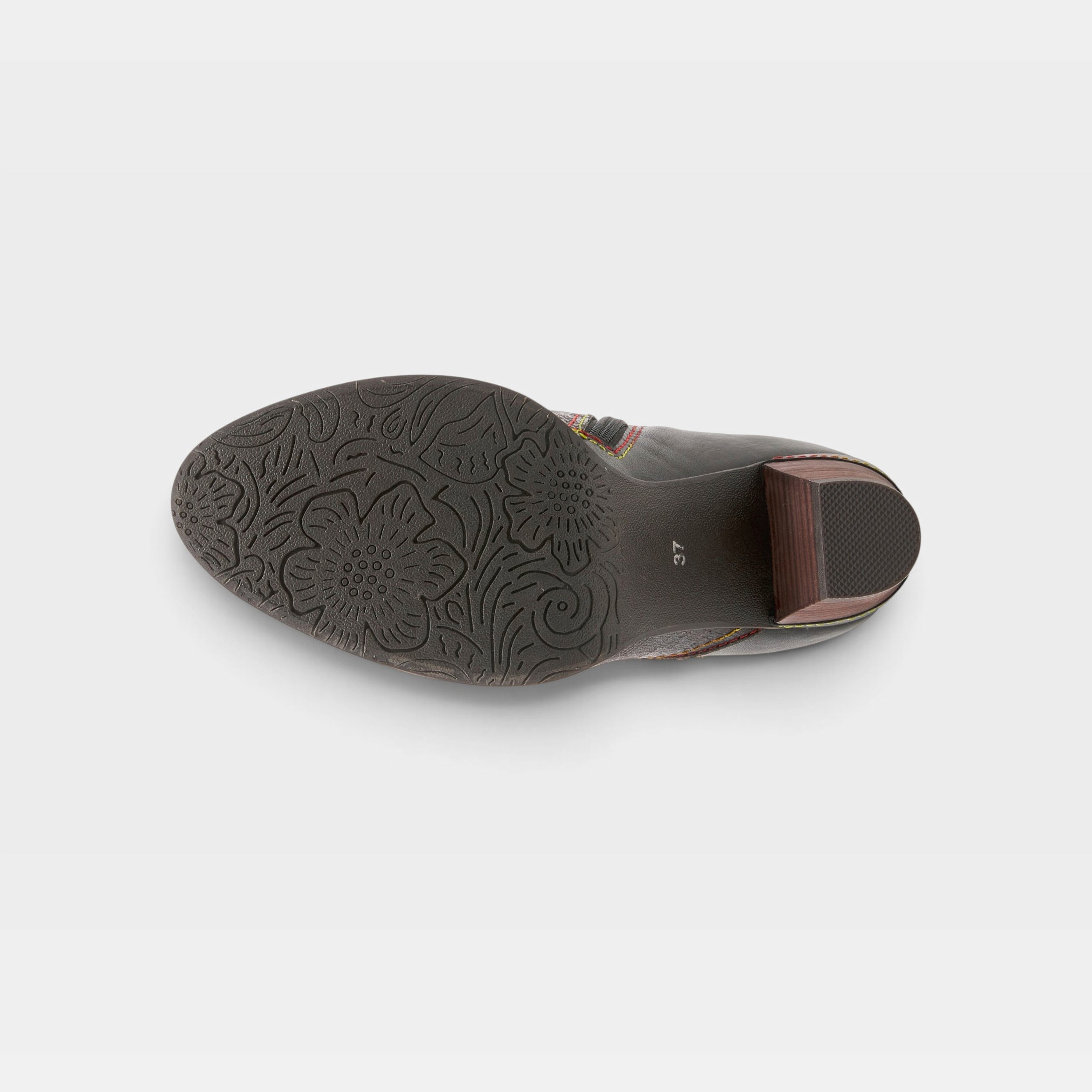 L'Artiste Captivate booties in Black Multi, outsole view