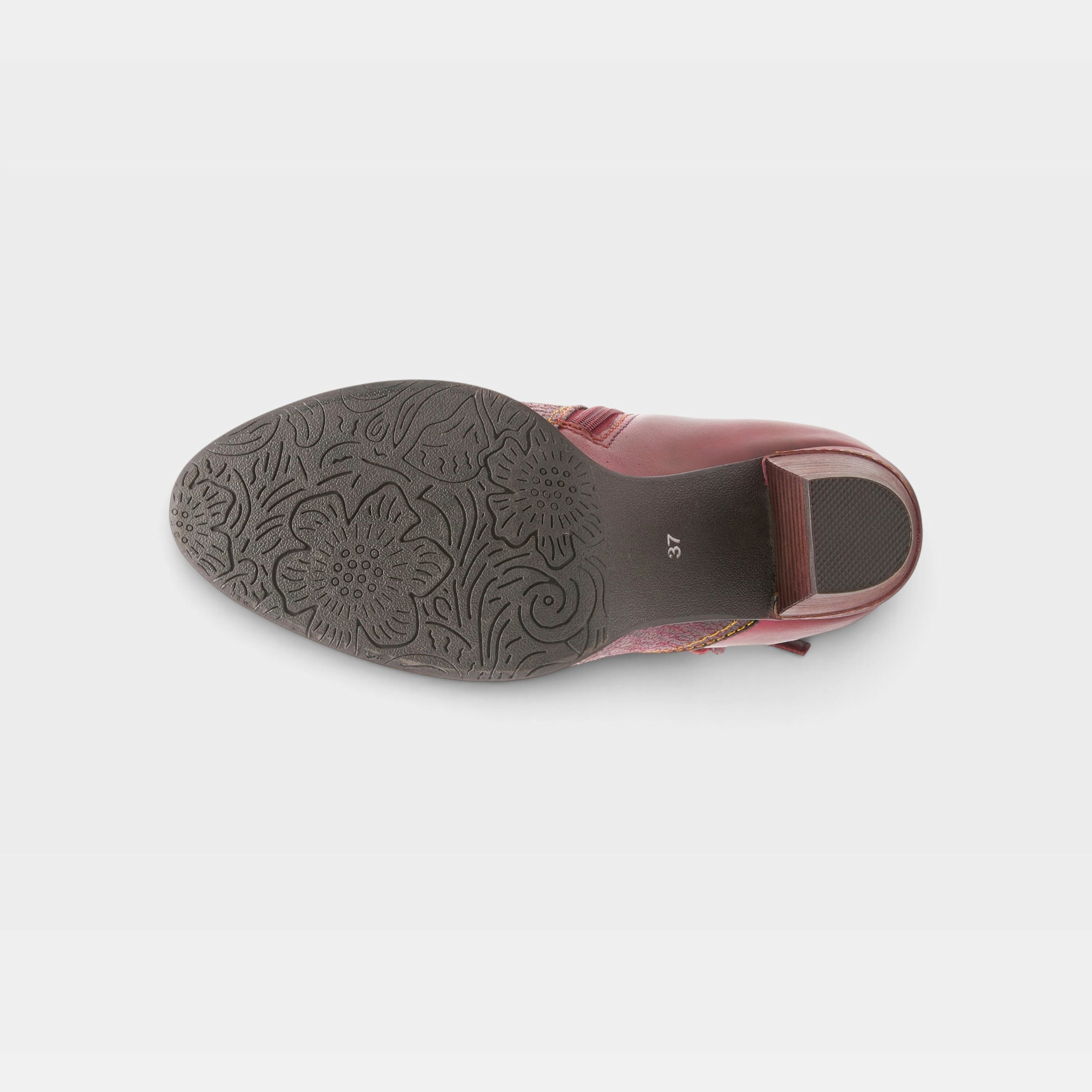 L'Artiste Captivate booties in Bordeaux Multi, outsole view