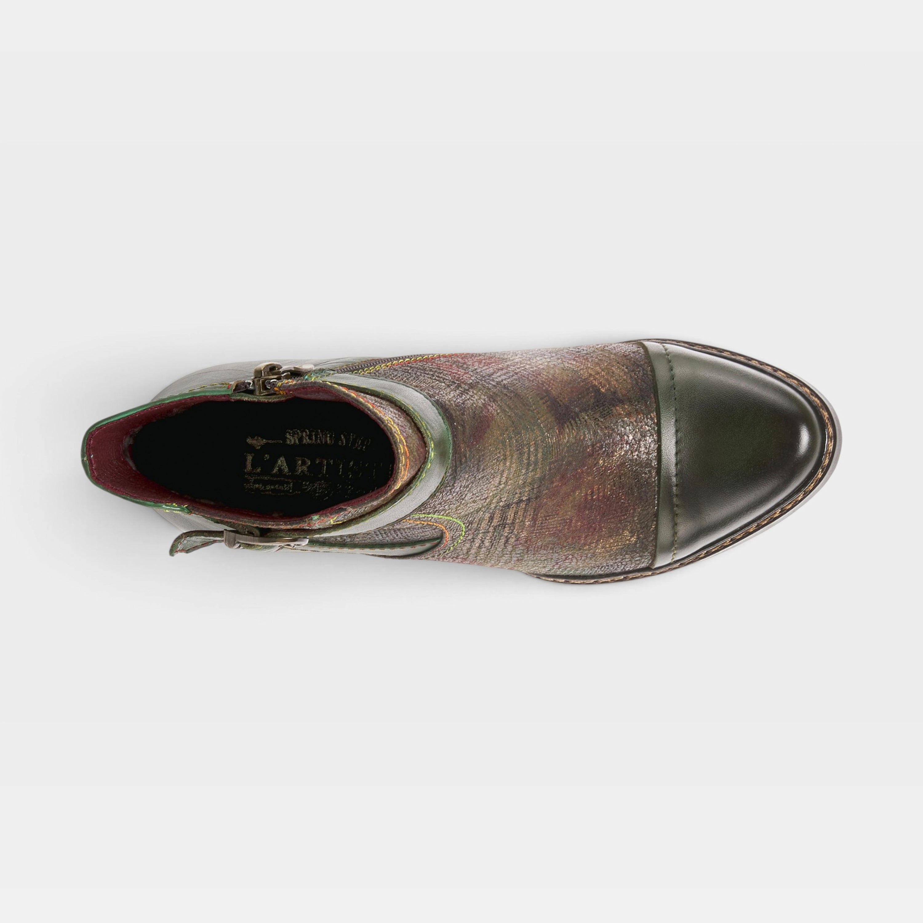 L'Artiste Captivate booties in Olive Multi, top view