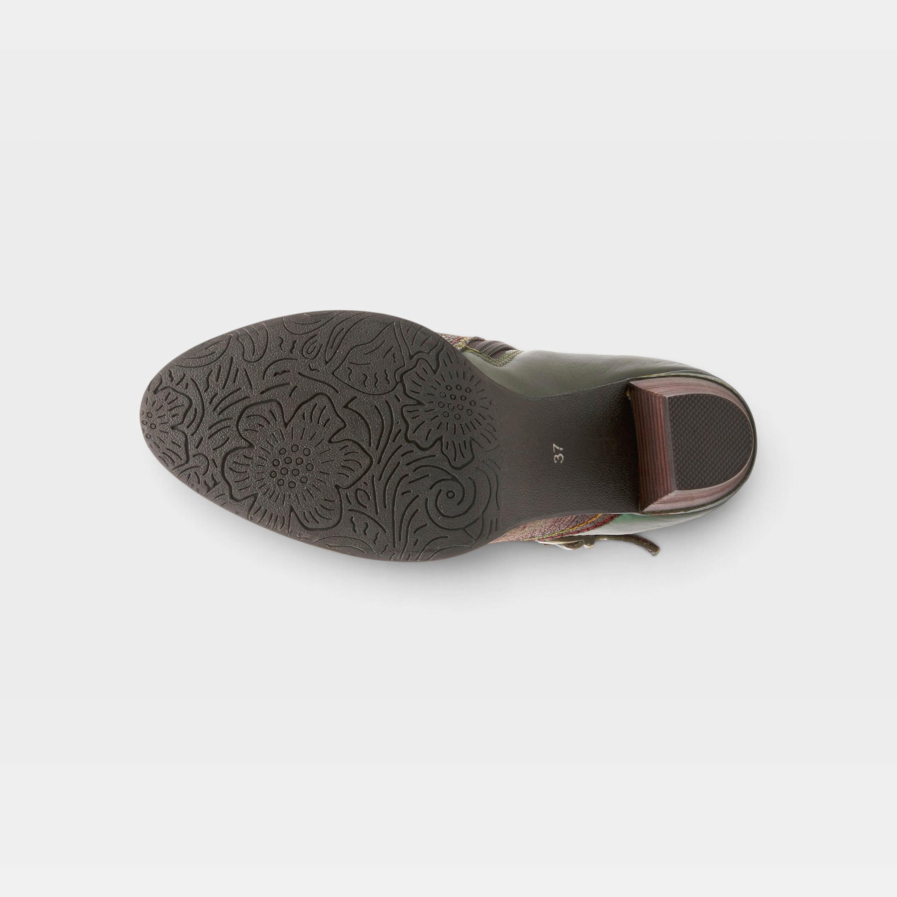 L'Artiste Captivate booties in Olive Multi, outsole view