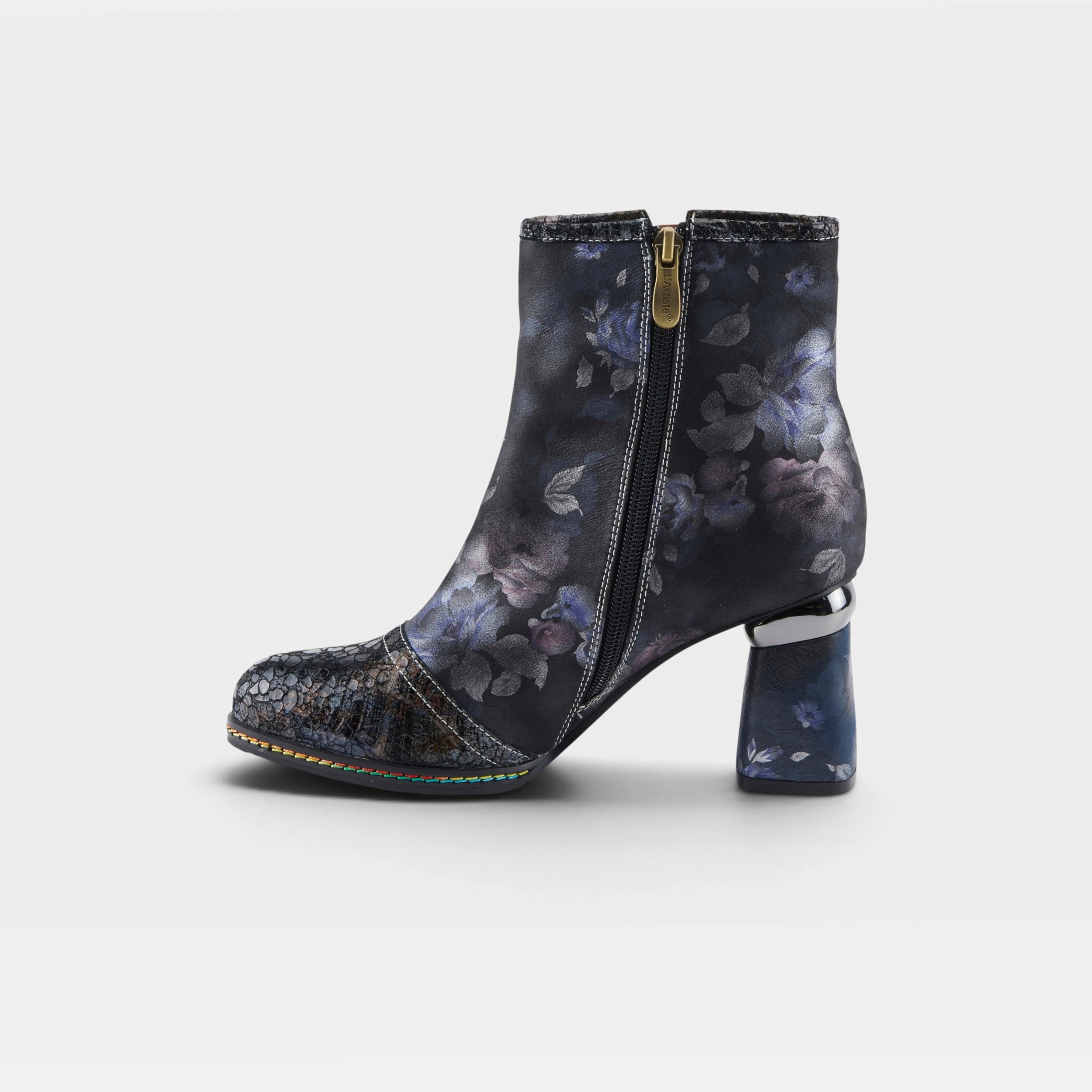 L'Artiste Carre boots in Black Multi, side view