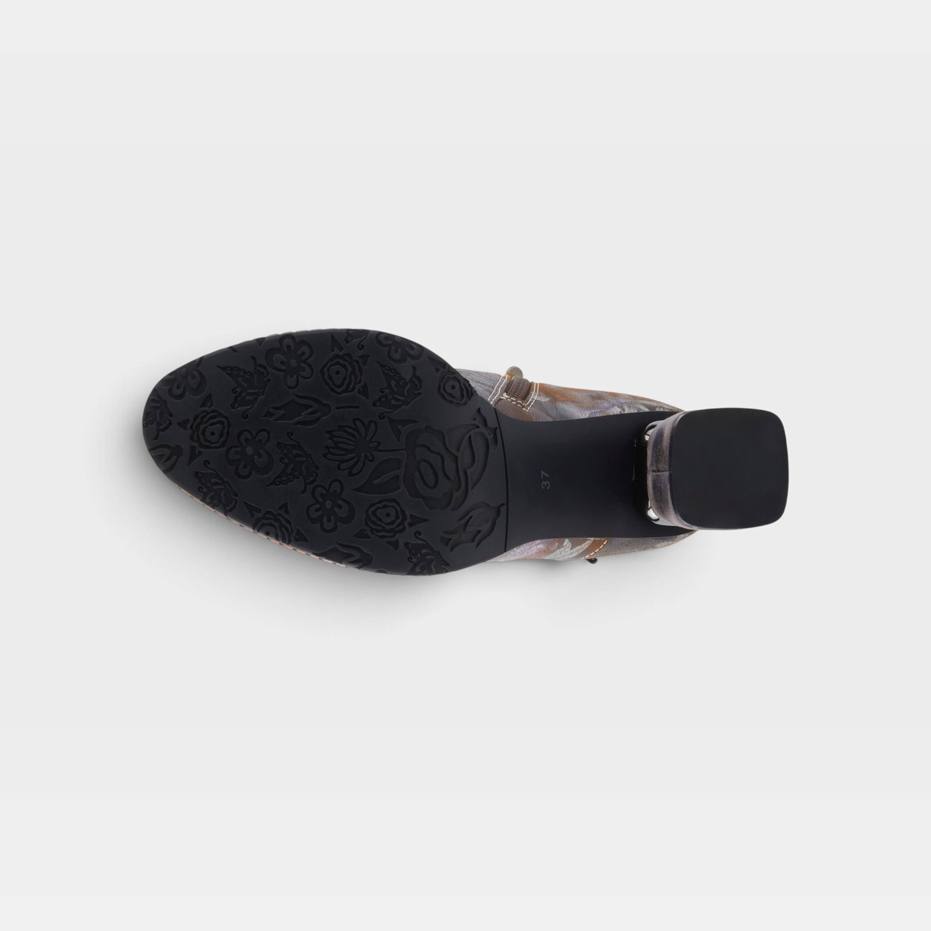 L'Artiste Carre boots in Brown Multi, outsole view