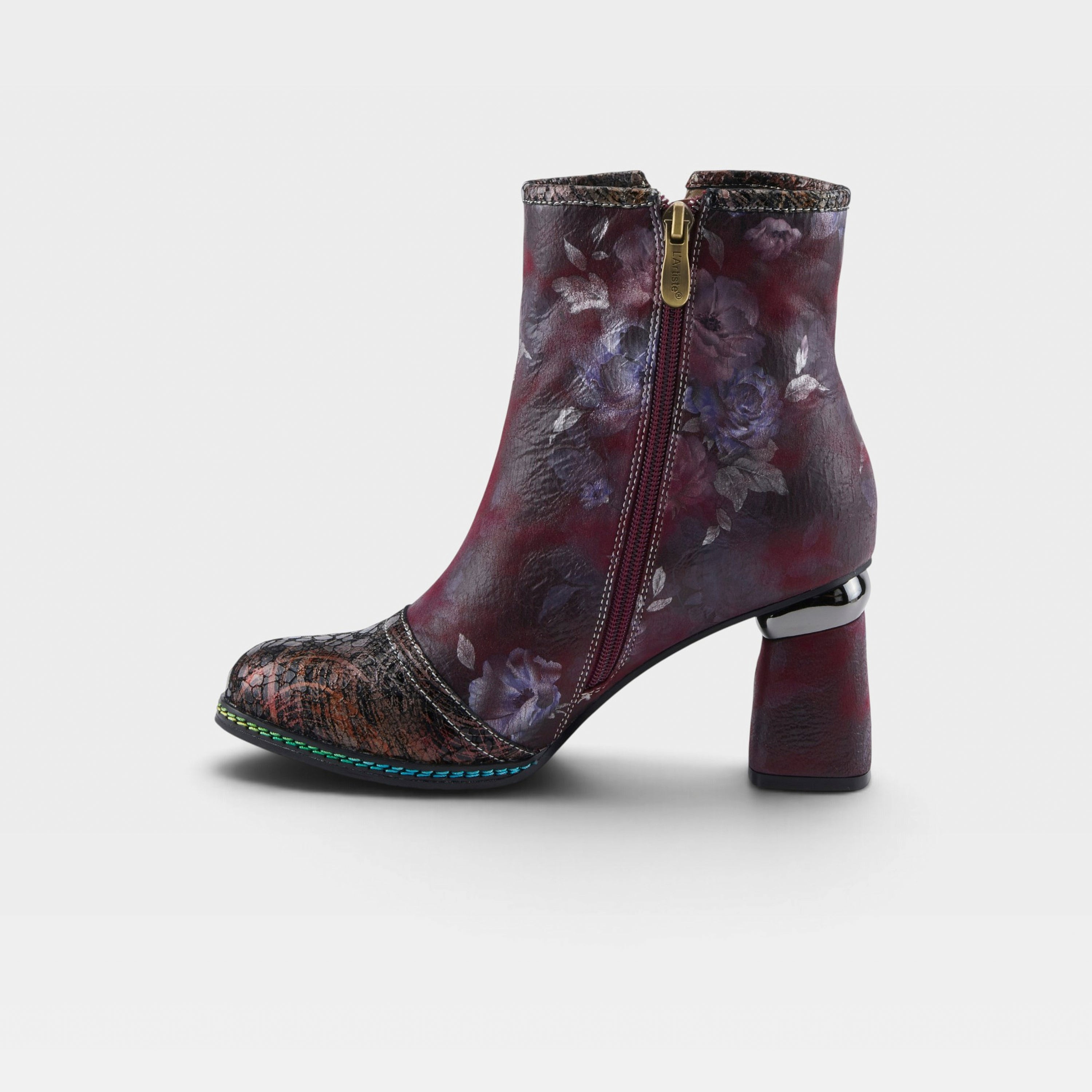L'Artiste Carre boots in Plum Multi, side view