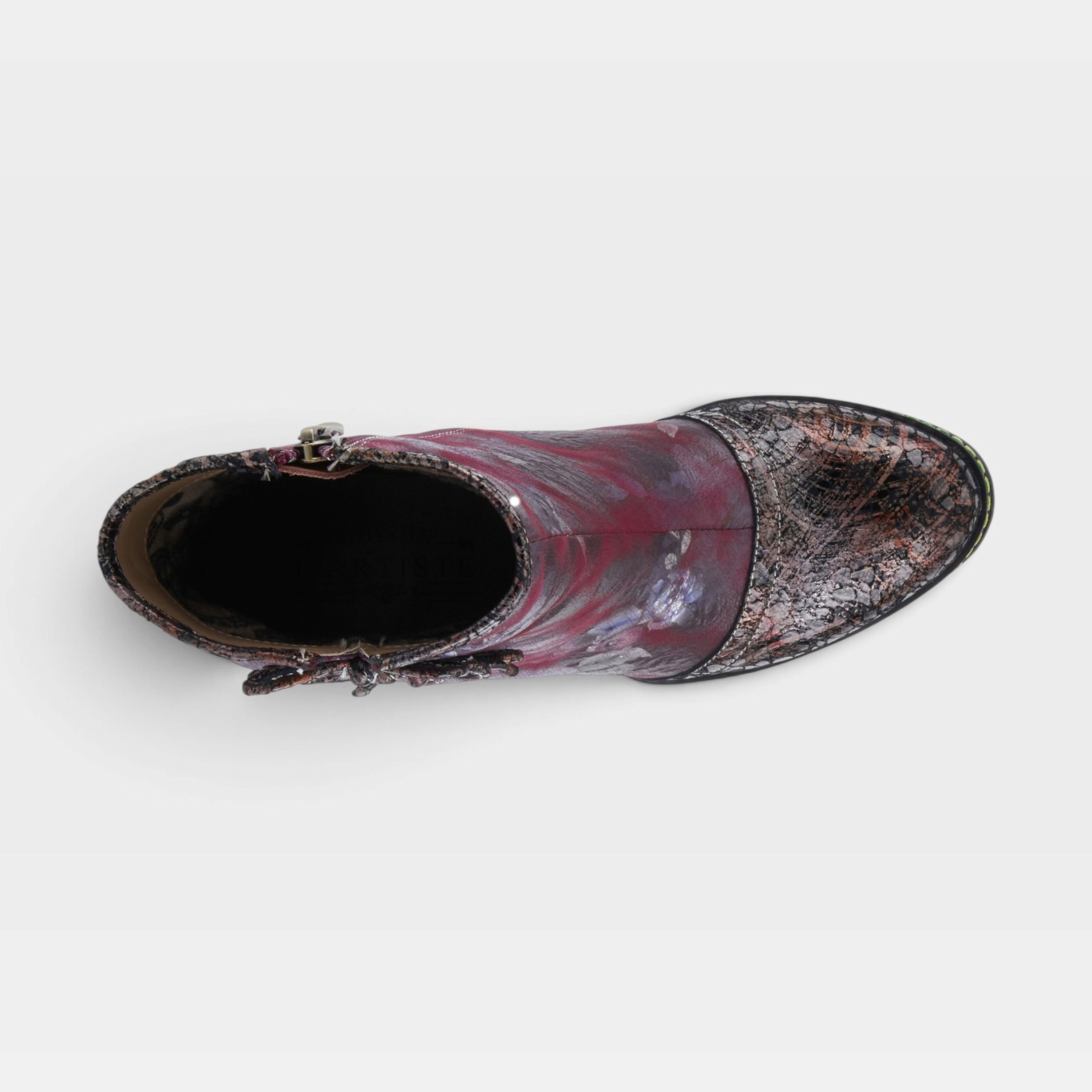 L'Artiste Carre boots in Plum Multi, top view