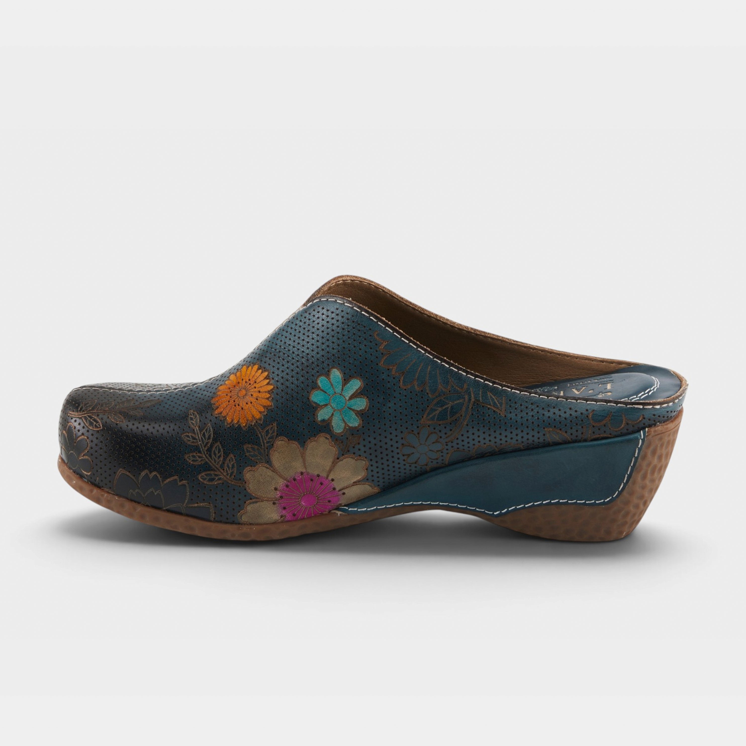 L'Artiste Chienti clogs in Navy Multi, side view